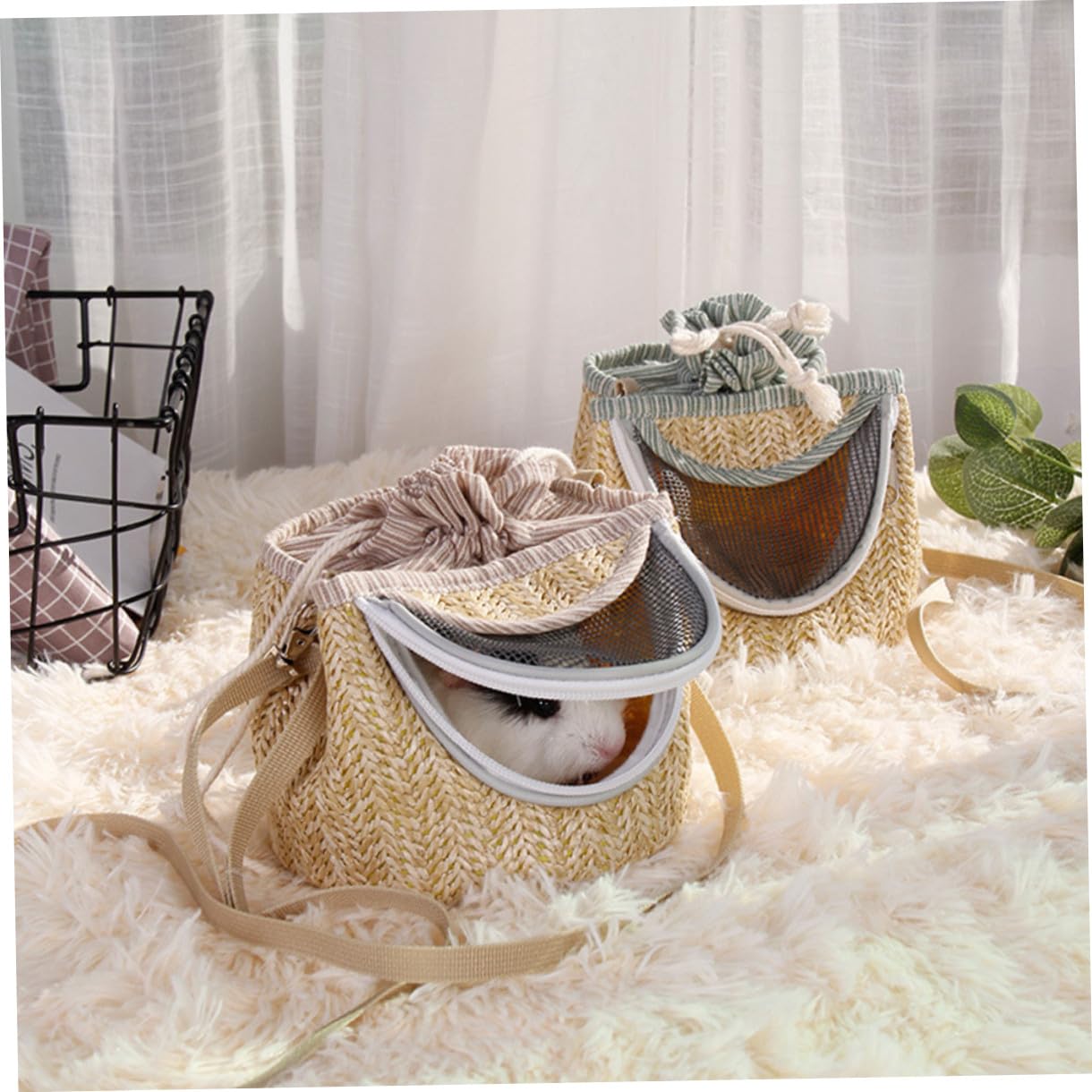 Sosoport 2stücke Transporttasche Für Haustiere Atmungsaktive Tragetasche Für Hamster Kleine Nagetiere Warm Und Bequem Für Reisen Und Ausflüge Mit Modischem Strohwoven-Design Und