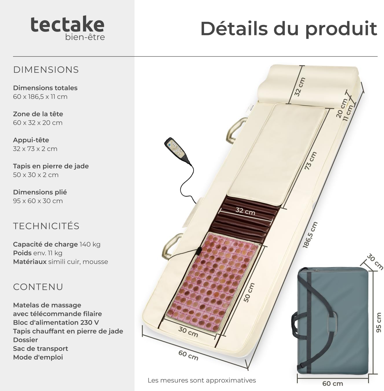 Diagram showing the dimensions and components of the TecTake Shiatsu Massage Mat.