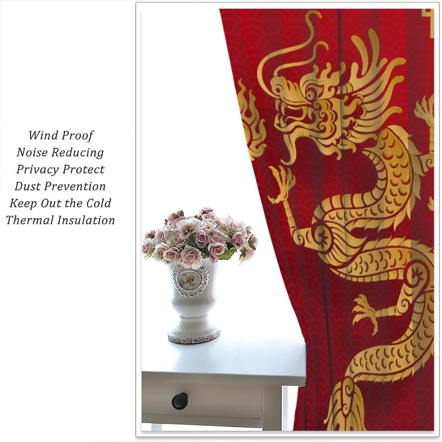 Golden Dragon Curtains Asian Tradition Elements Chinese Dragon Red Background Blackout Window Drapes Living Room 2 Panels 52x84in