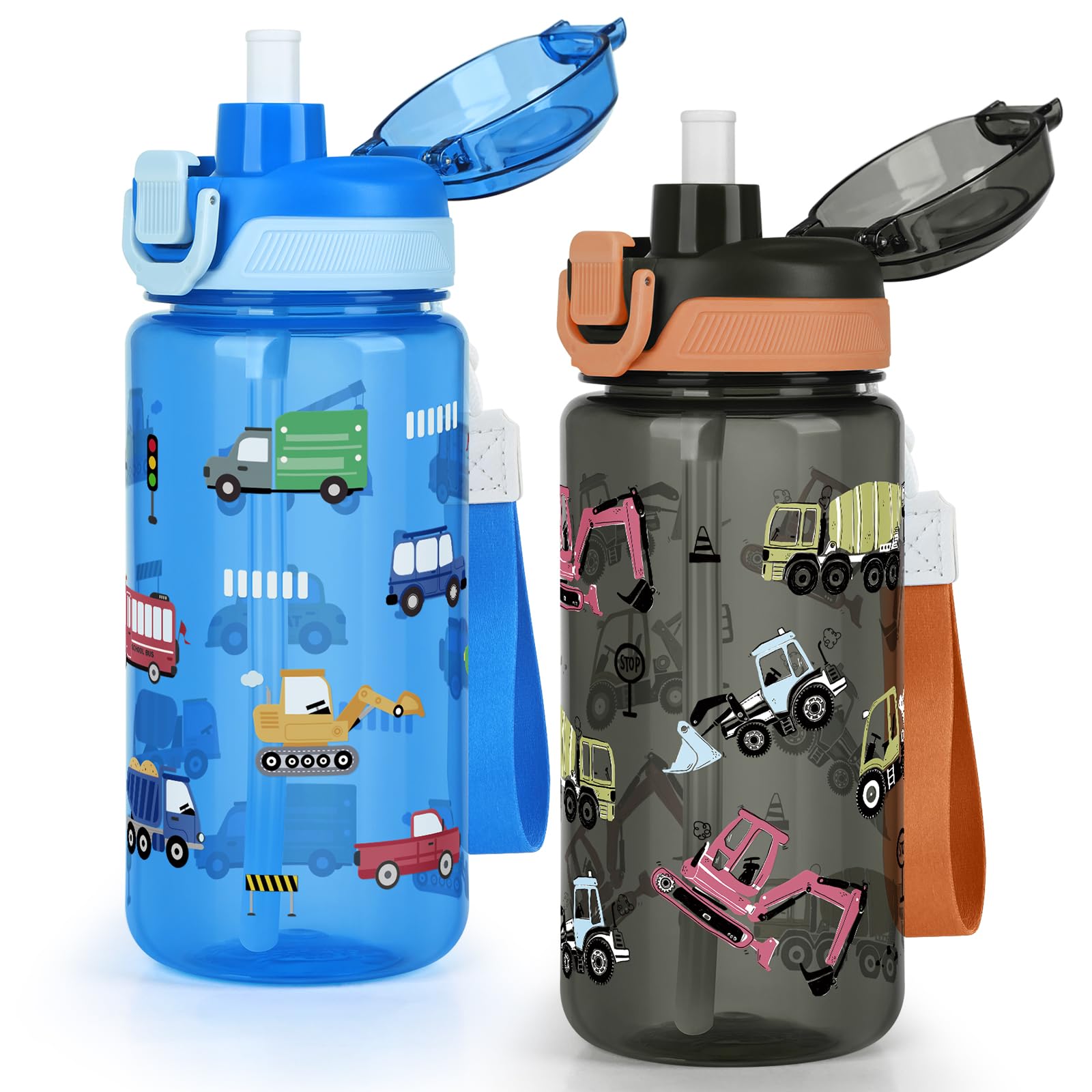 omedecal 600ml Kids Water Bottle with Pop-Up Lid & Lock, BPA-Free, 2-in-1 Removable Straw or Direct Drink Plastic Water Bottle, Dishwasher Safe, Handle Strap, Boys & Girls, Excavator & Rransportation
