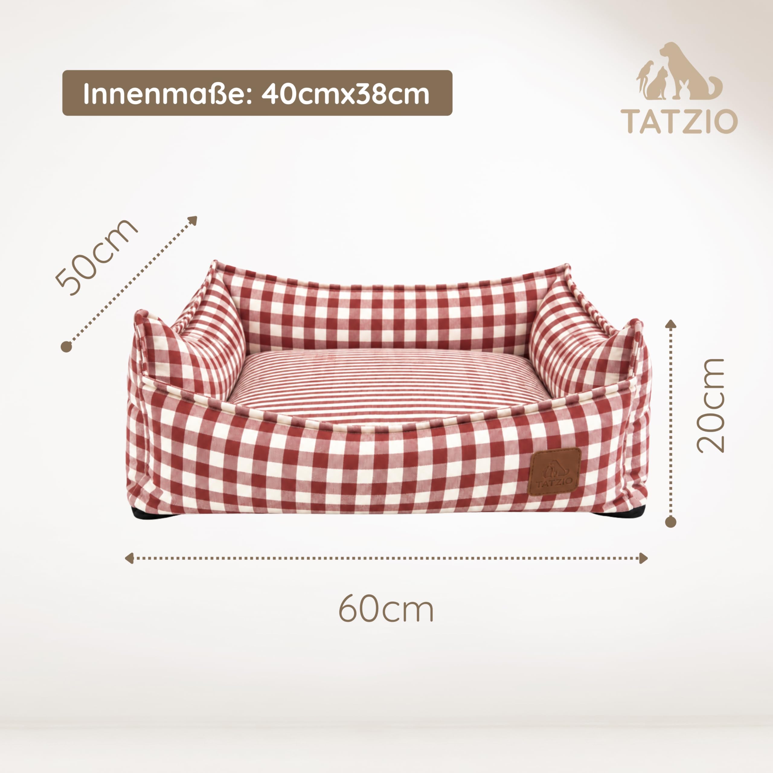 Haustierbett für Katzen & kleine Hunde, Kariertes Katzenbett mit waschbarem Bezug & herausnehmbarem Kissen, formstabiles Hundebett & Katzenkorb, 60 x 50 x 20 cm rot