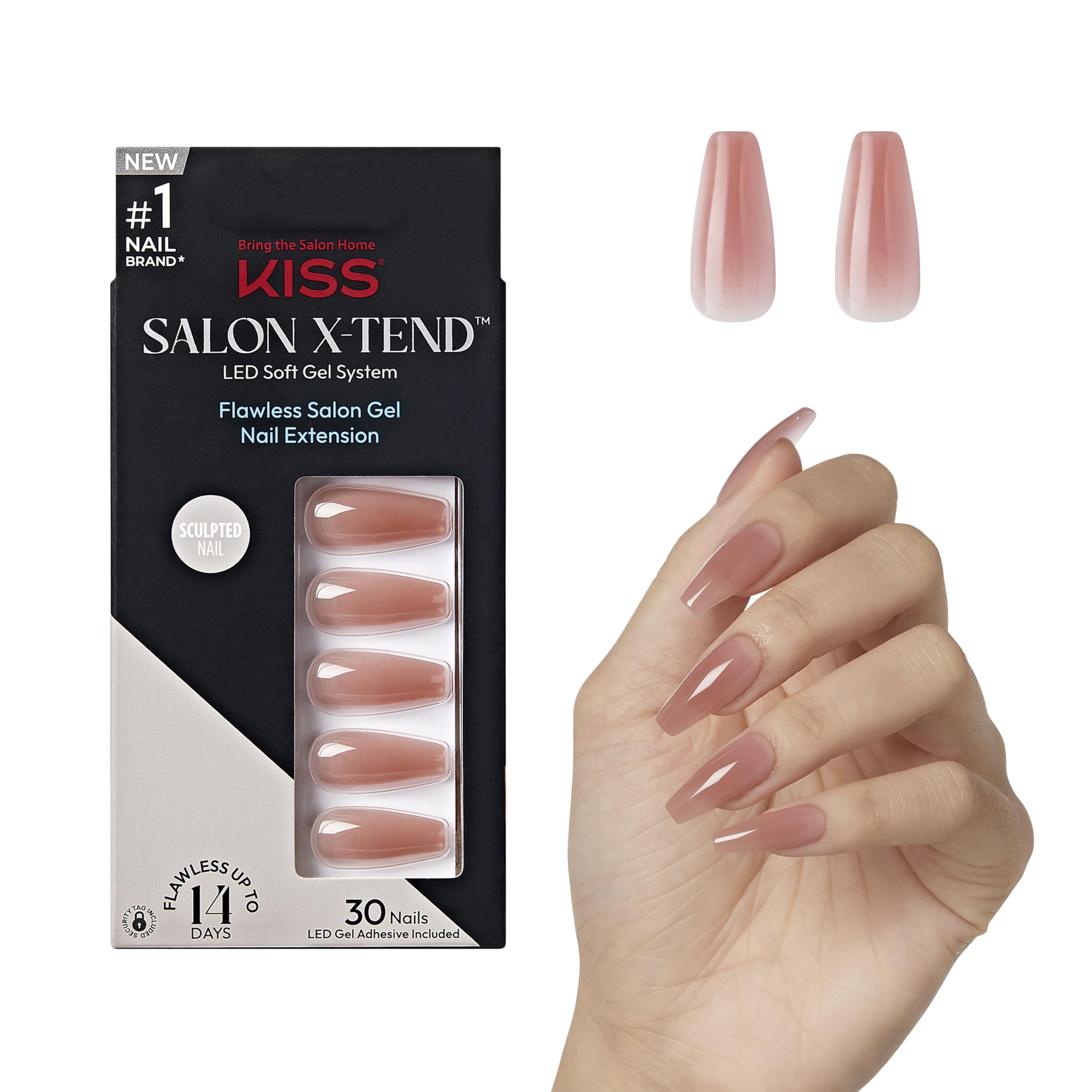 KISS Salon X-tend, Press-On Nails, Nail glue included, 'Flowers', Medium Pink, Long Size, Coffin Shape, Includes 30 Nails, 5Ml Led Soft Gel Adhesive,