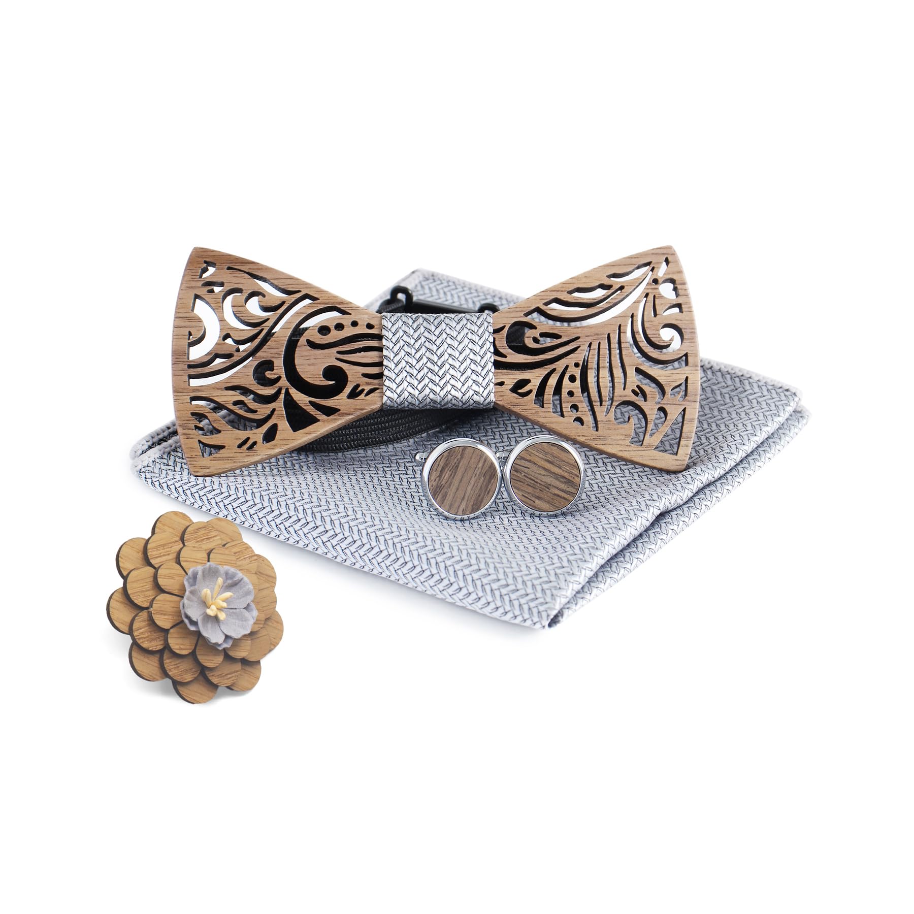 Lot de 3 nœuds papillon en bois avec boutons de manchette, foulard carré (3 pièces) - Design ajouré unique - Convient pour une utilisation dans plusieurs scènes