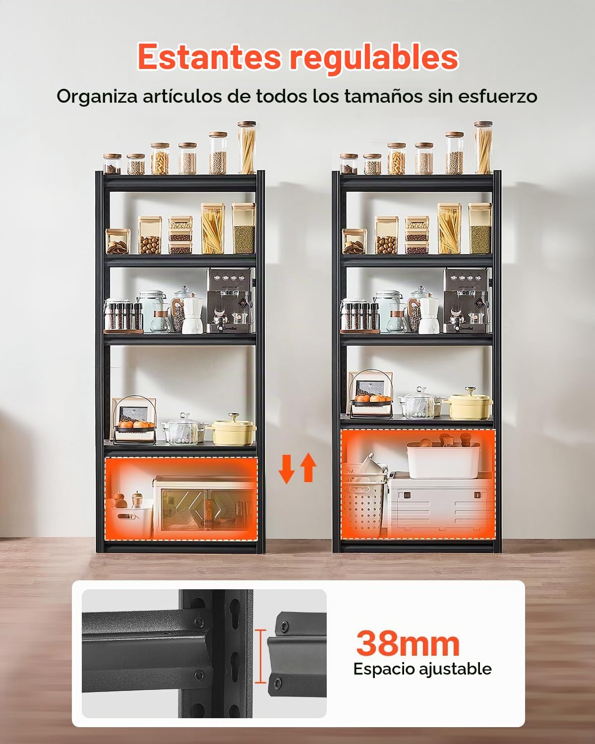 VEVOR Estantes de Almacenamiento de 5 Niveles de 406,4 x 812,8 x 1828,8 mm Capacidad de Carga Total de 907 kg, Estantes de Metal Ajustables para Garaje, Cocina, Almacén, Sótano, Trastero, Negro