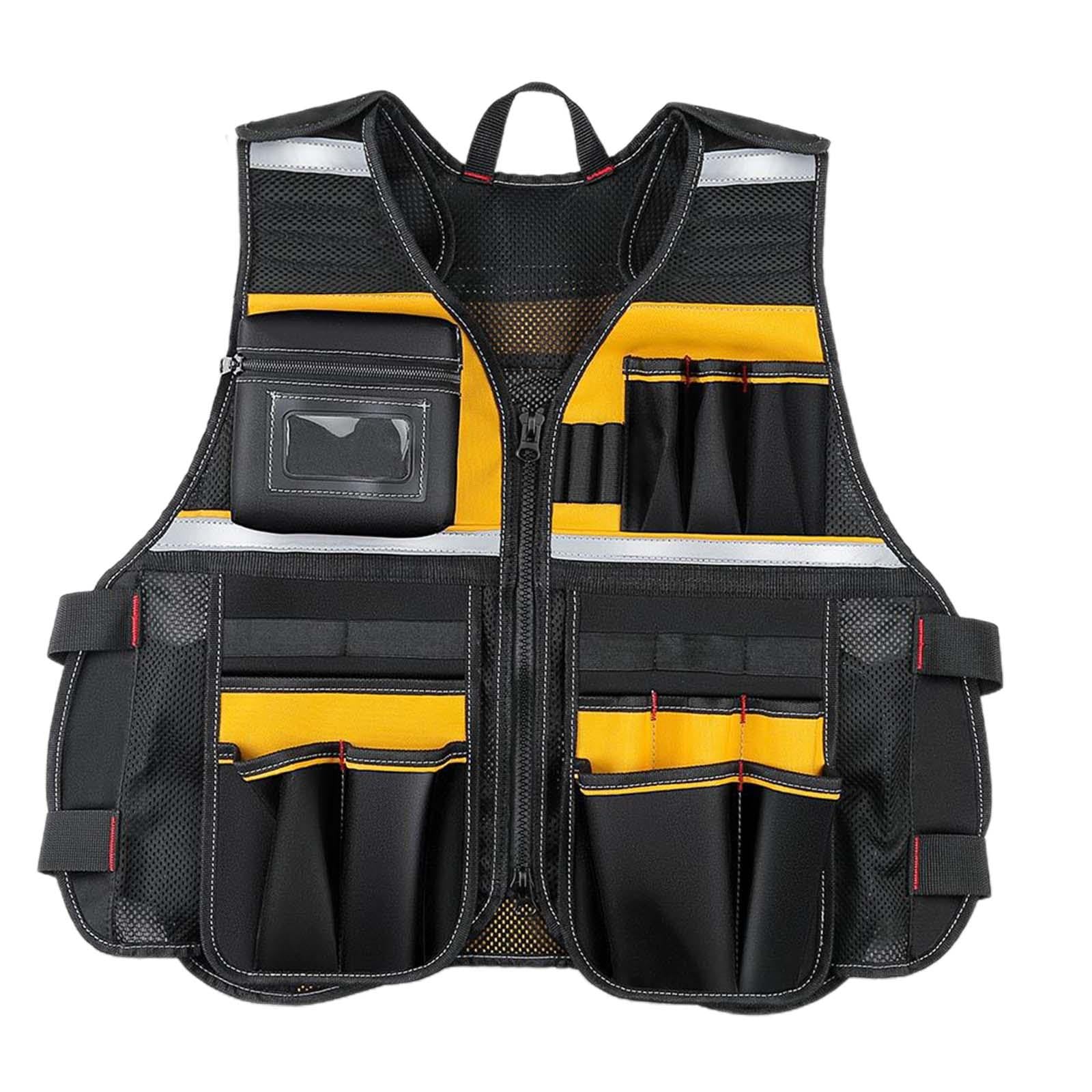 Qianly Chaleco para Herramientas con Bolsillos de Varios Tamaños Portaherramientas Ajustable Resistente con Banda Reflectante Adecuado para Electricistas Tra, Amarillo