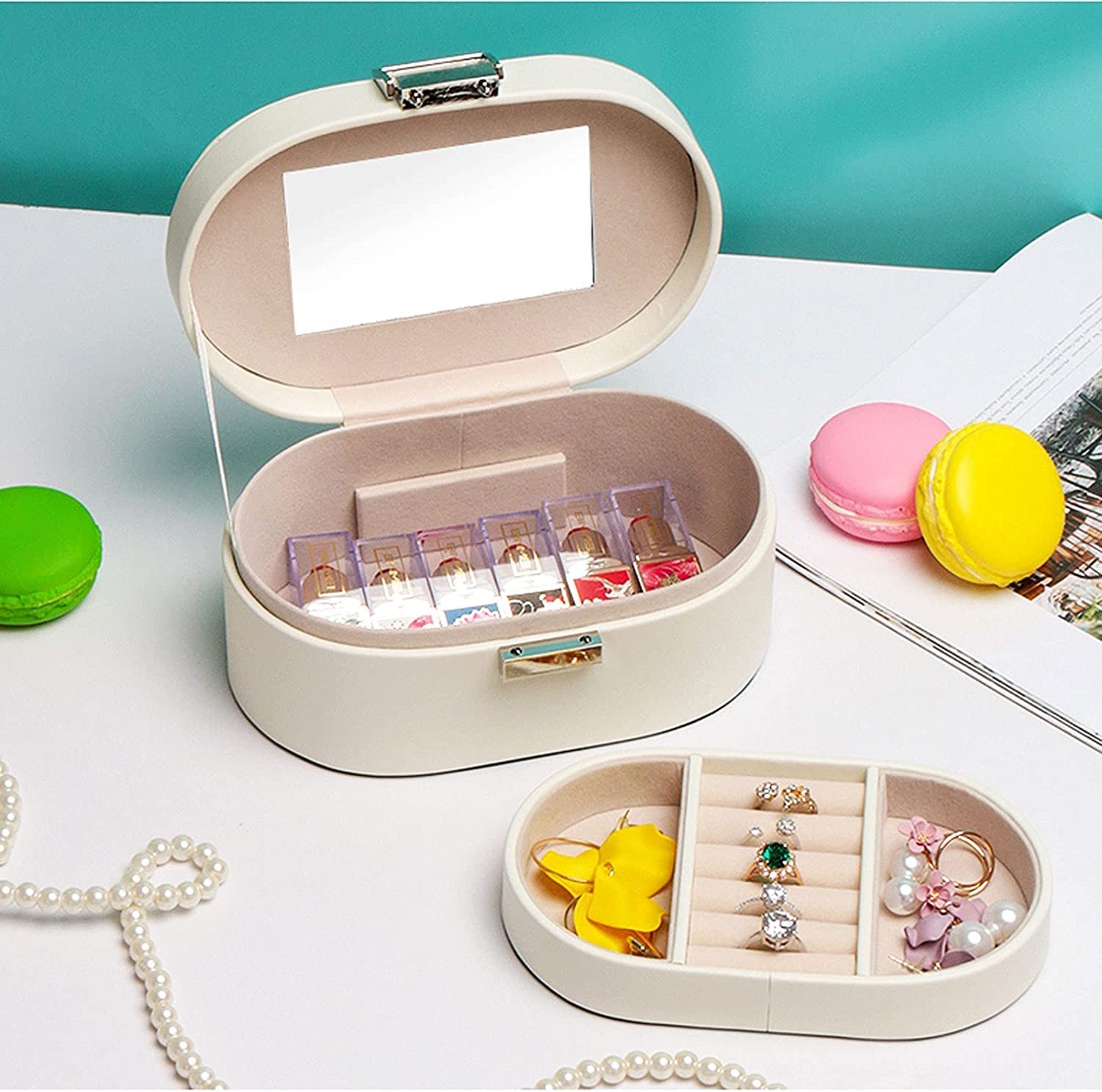 Caja De Joyería Joyero Portátil Organizadores Joyero De Viaje Joyero De Cuero Anillo Organizador Caja Caja De Almacenamiento Niñas Mujeres Organizador De Joyas(White)