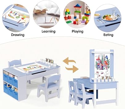 MAMIZO Kids Art Table and Chairs Set, Toddler Craft Desk w/Easel | Sturdy Wood Activity Table w/Large Drawing Tabletop, Paint Cups, Removable Bins, Paper Roll for Home Classroom Daycare