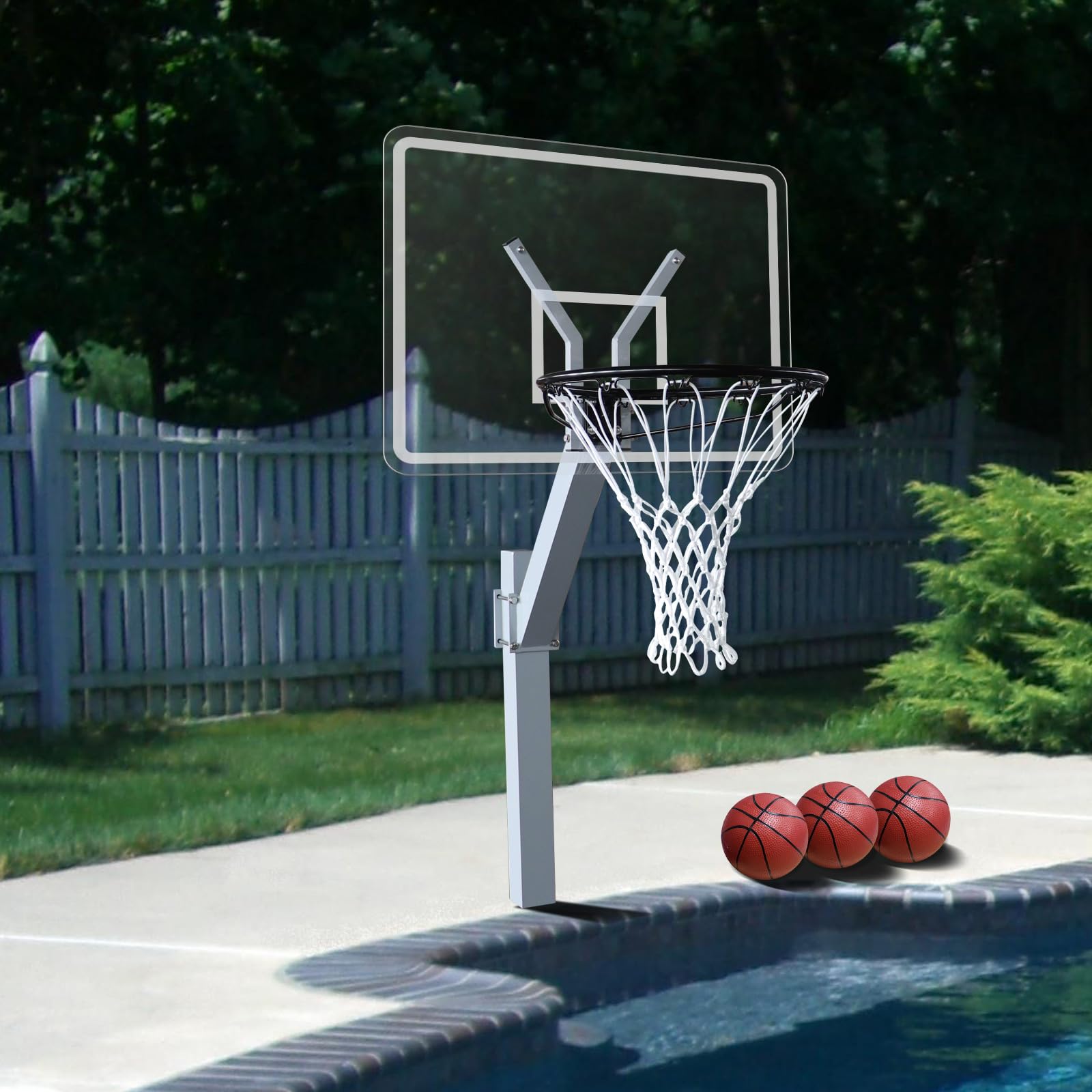 Katop Swimming Pool Basketball Hoop Set with Standard 18'' Rim, Made in Aluminum Alloy, 3 Balls and Pump, Adjustable Height, Detachable, Ocean-Grey