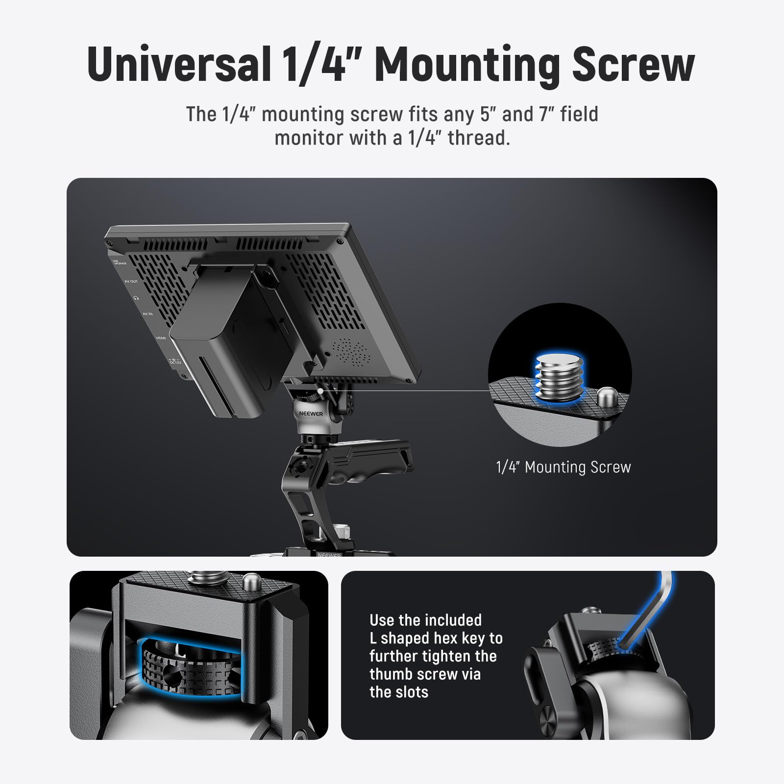 NEEWER Color Blocking Monitor Mount with Cold Shoe, Anti Twist 1/4" Screw, 360° Swivel 180° Tilt Damping - Image 2