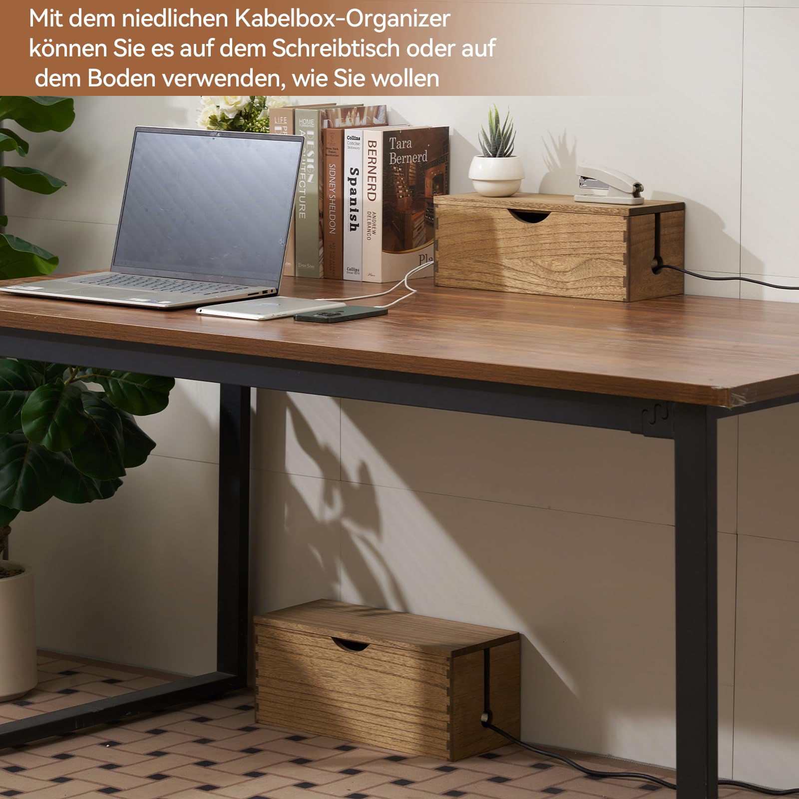 KIRIGEN Kabelbox aus Paulownia-Holz, 2er-Set mit klappbarem Deckel, Kabelmanagement-Box für Steckdosenleisten, Ladegeräte und Netzteile, inklusive 10 Kabelbindern, Dunkelbraun