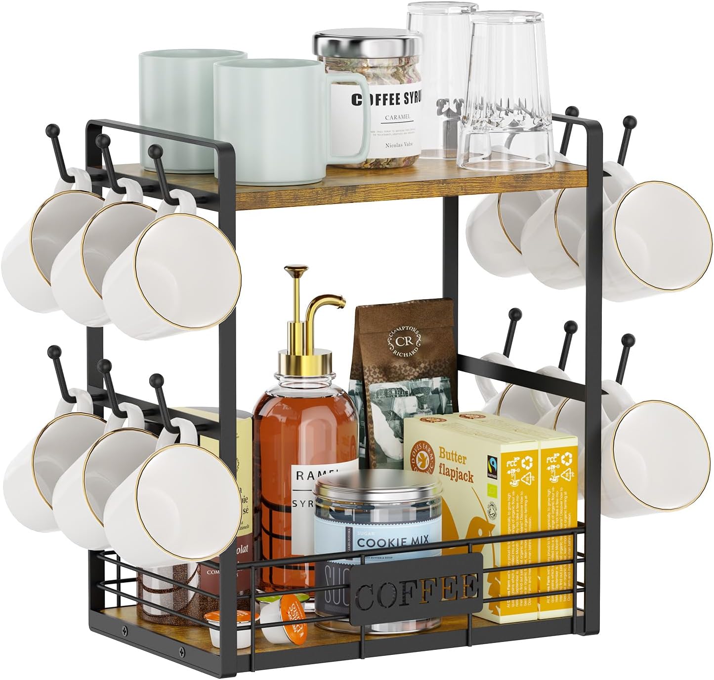 2 Tier Coffee Cup Holder for Countertop, 12 Hooks Coffee Mug Holder Tree Stand Wall Mounted with Storage Basket, Metal Coffee Mug Display Rack Shelf for Coffee Bar Kitchen(Black), MH20231027