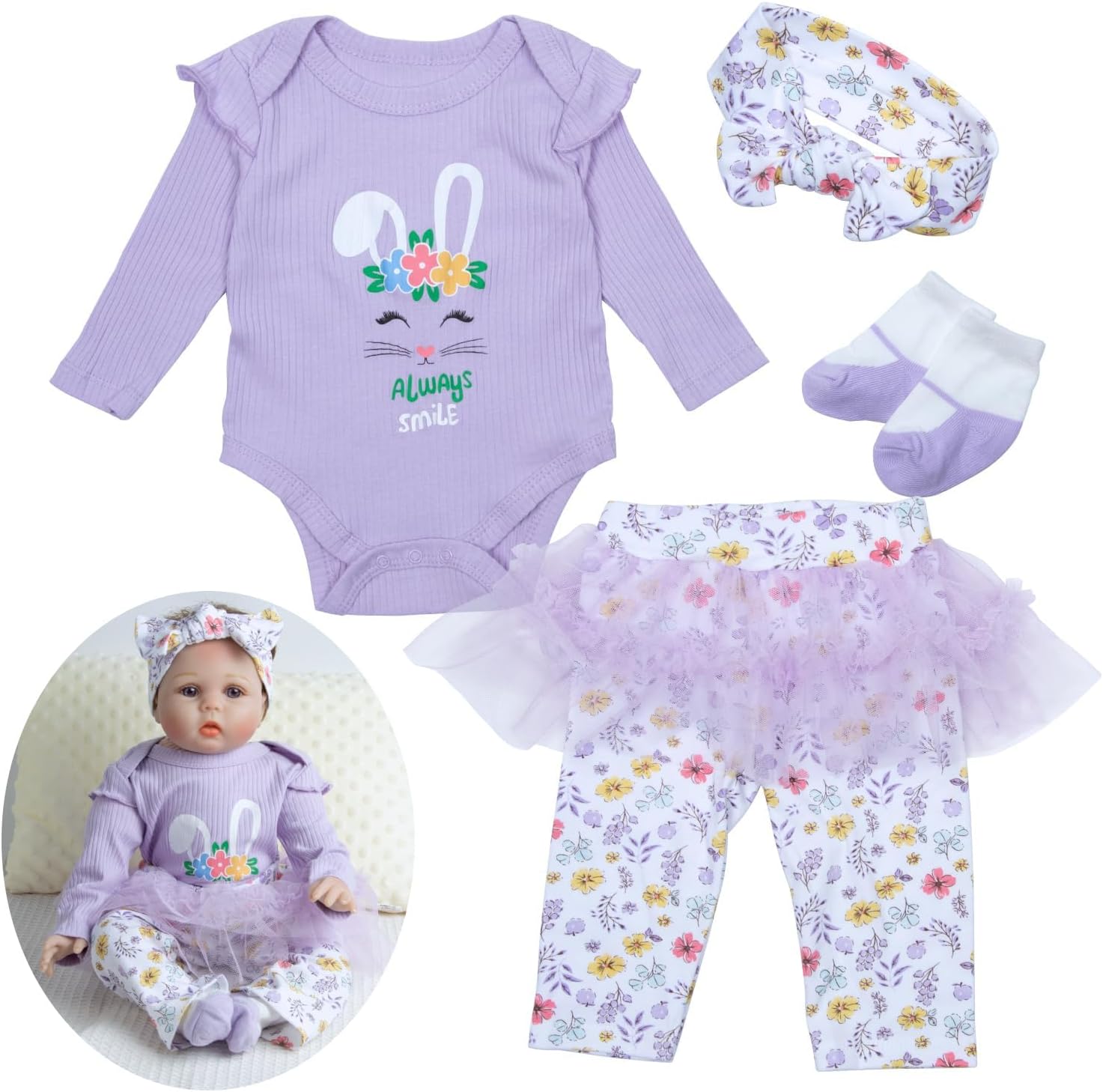 Reborn Doll Clothes 22 Inch Girl Pink Flower for 20-22 Inch Baby Doll Clothes +Headband +Lace-Ed Pants 4 Pieces Set