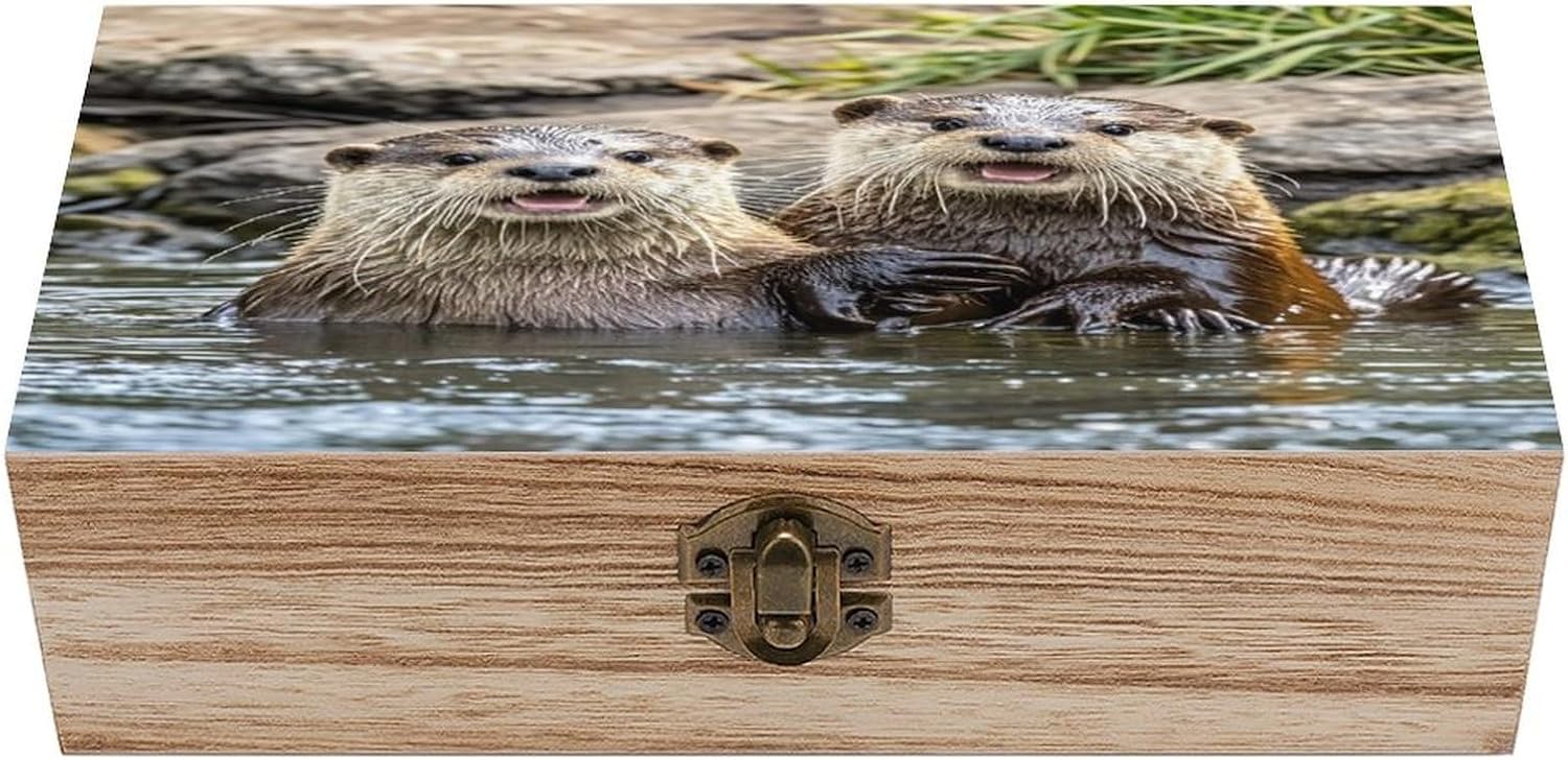 Cute Brown Otters Wooden Storage Box Vintage Jewelry Box