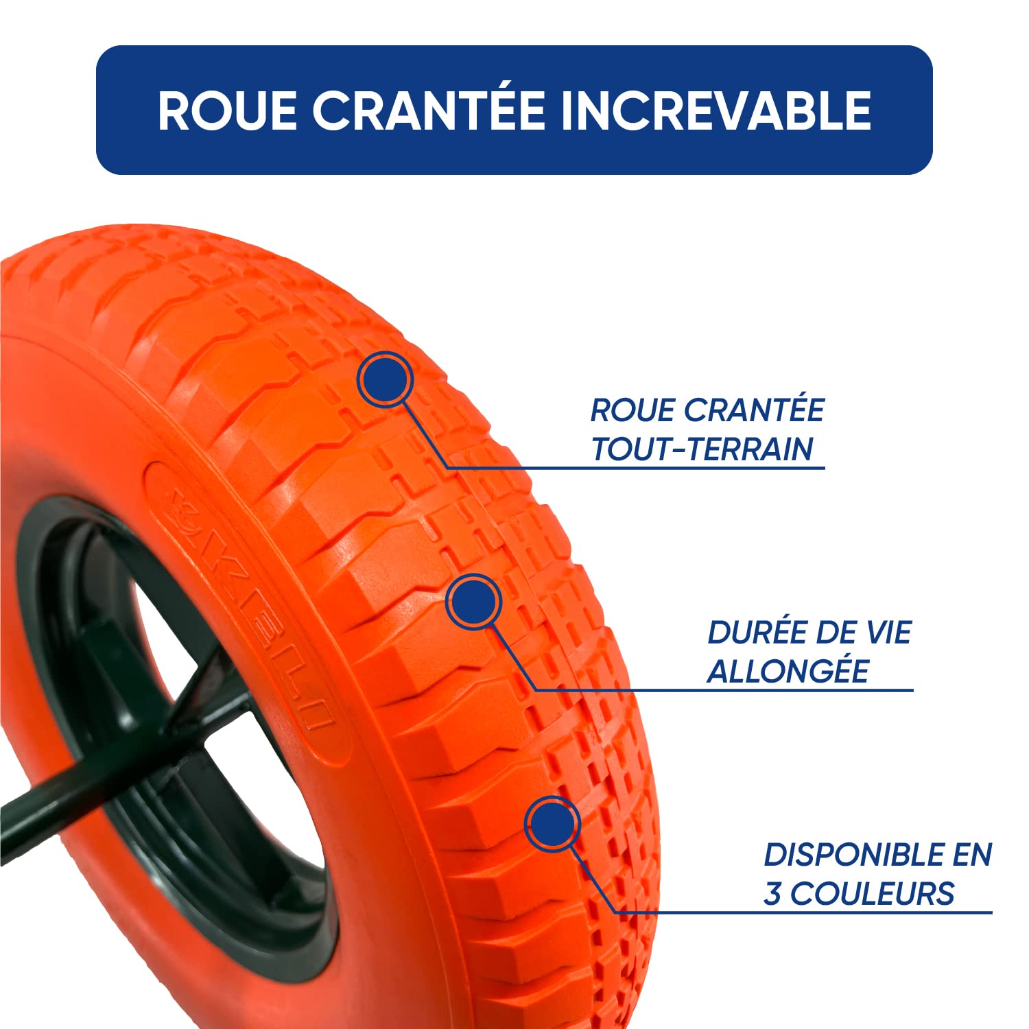 KELI - Roue Increvable, Diamètre 400mm, Axe 20mm, Charge Max. 250KG (550 lbs), Ultra Résistante, Idéal pour Brouette (Orange)