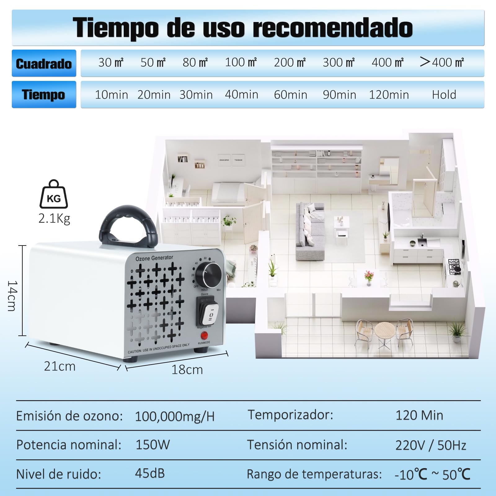 2 En 1 Generador de Ozono 100,000mg/H, Purificador de Aire con Modo de Ozono e Iones Negativos, Profesional Maquina Ozono O3 Ozonizador con Temporizador de 120 Min para Hogar Coche Hotel