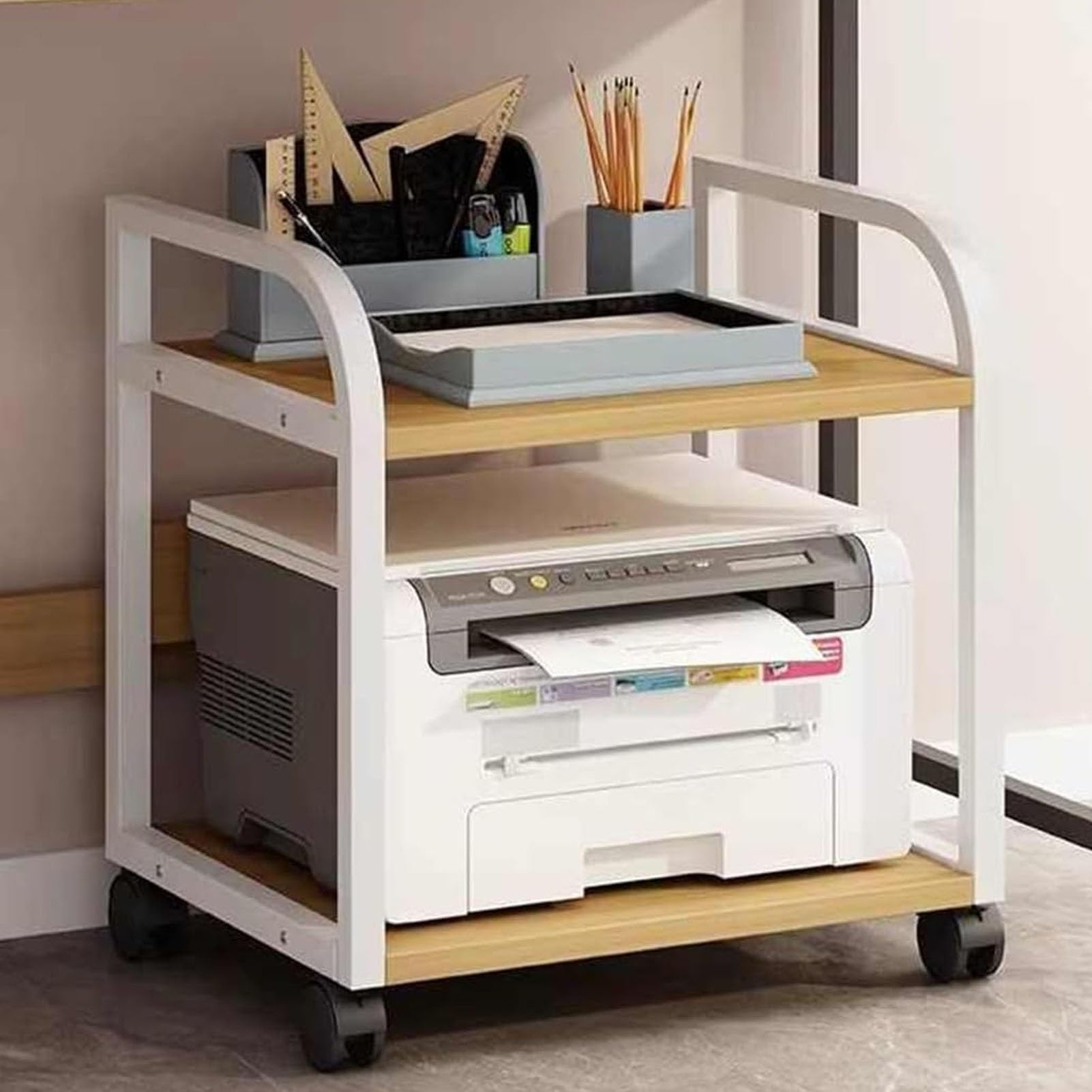 Carrello multifunzione per stampante su ruote, ripiano a 2/3/4 ripiani per forniture per ufficio, supporto per stampante resistente, elegante bianco e noce, perfetto per uso domestico e ufficio