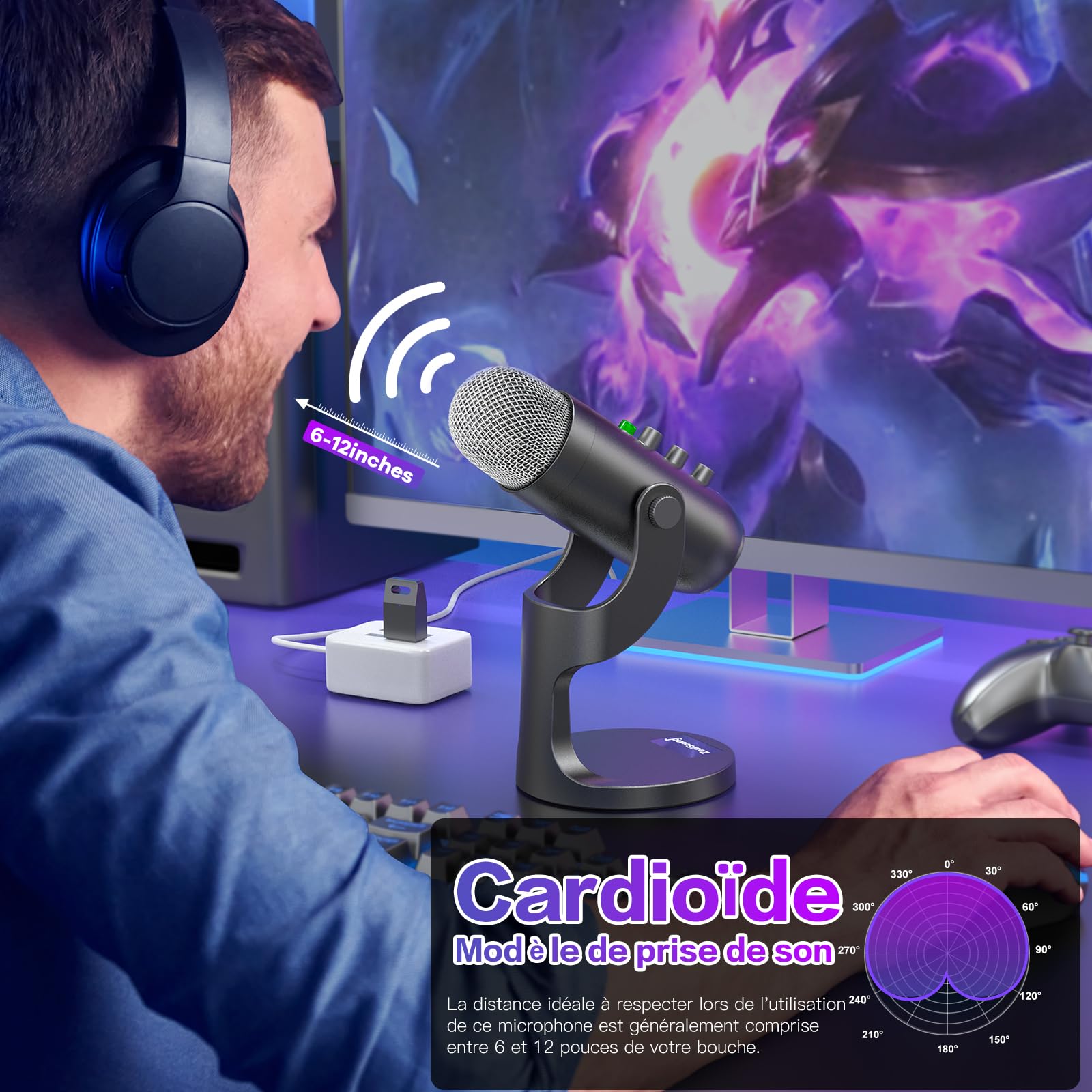 zealsound Micro Gaming sans File pour PC, Téléphone et iPhone, Micro à condensateur avec réduction de Bruit, Muet, Prise Moniteur, et Echo, pour Podcast, Enregistrement, Voice Over, Discord, Youtube