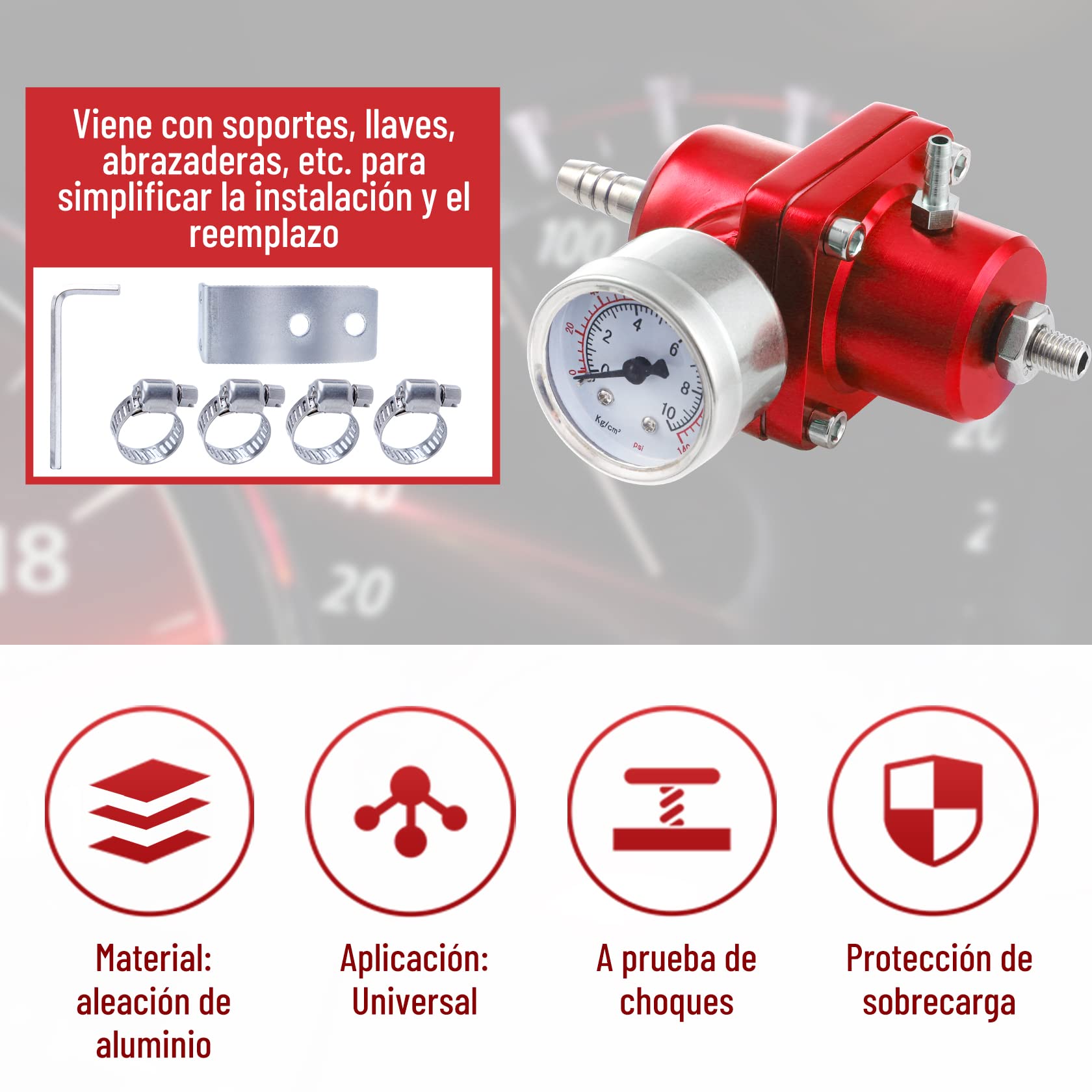 CarBole Regulador de presión de combustible para coche, 1-140 psi, regulador de presión de gasolina, aleación de aluminio con manómetro y manguera