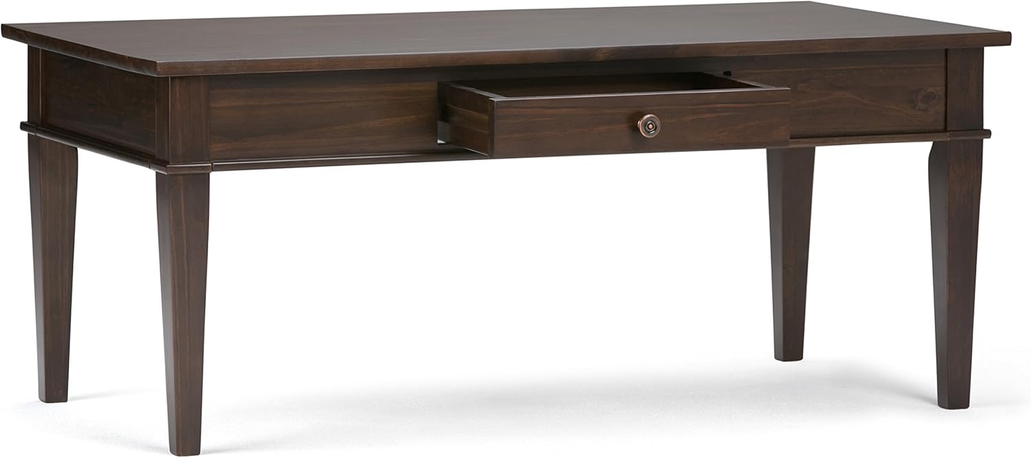 SIMPLIHOME Carlton Coffee Table - 44 inch Wide Solid Wood Transitional Cocktail Table in Dark Tobacco Brown, Classic Living Room Table with Open Storage Shelf and Clean-Lined Tapered Leg Design
