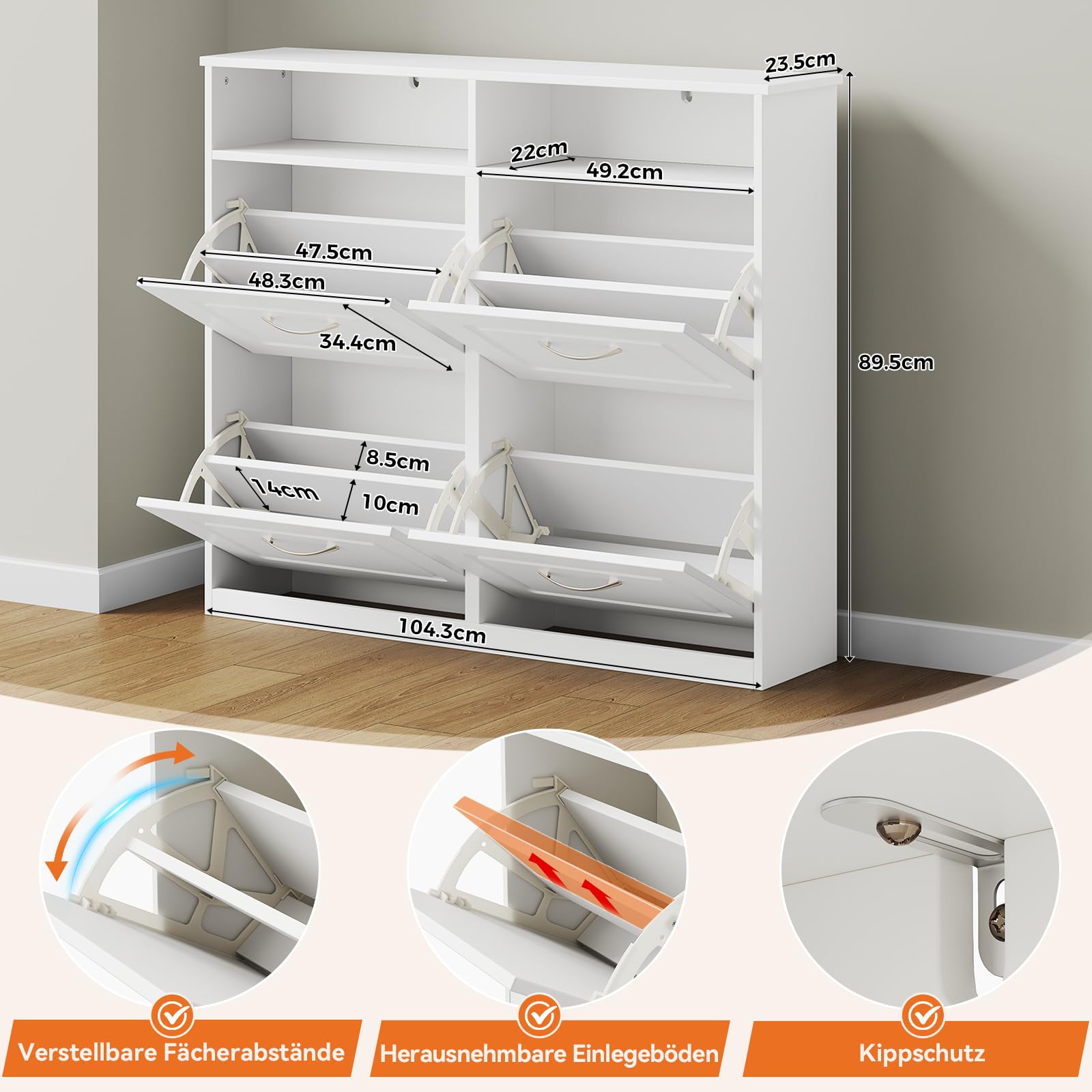 Sweetcrispy Schuhschrank mit 4 Klappen, schmaler Schuhkipper mit offenen Ablagefächern, verstellbare Trennwände, platzsparend für Flur/Diele/Eingang, 104 x 90 x 24 cm, Weiß