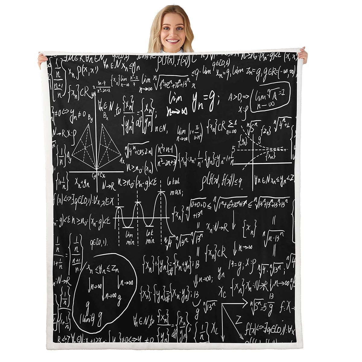 Feelyou Math Theme Fleece Mathematical Formula Throw Blanket Stripe Numbers Sherpa Blanket for Couch Bed Sofa Black White Fuzzy Room Decor Plush Twin