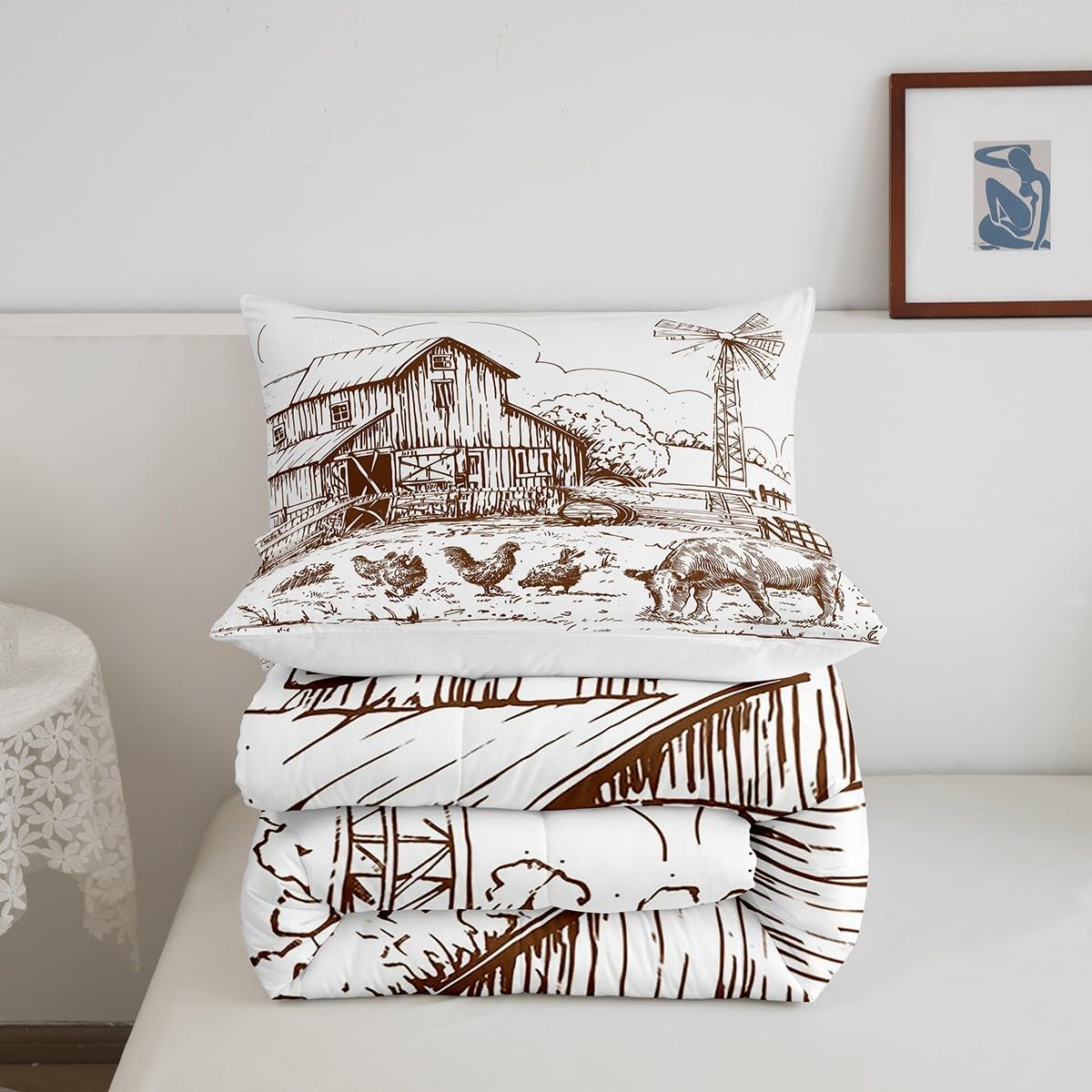 Windmill Comforter Set Queen, Rustic Barn Farmhouse Bedding, Chick Cow Farm Animals Down Comforter, Hand Drawn Illustration Bedding Comforters, Countryside Rural Meadow Room Decor Duvet Set, Taupe - Image 4