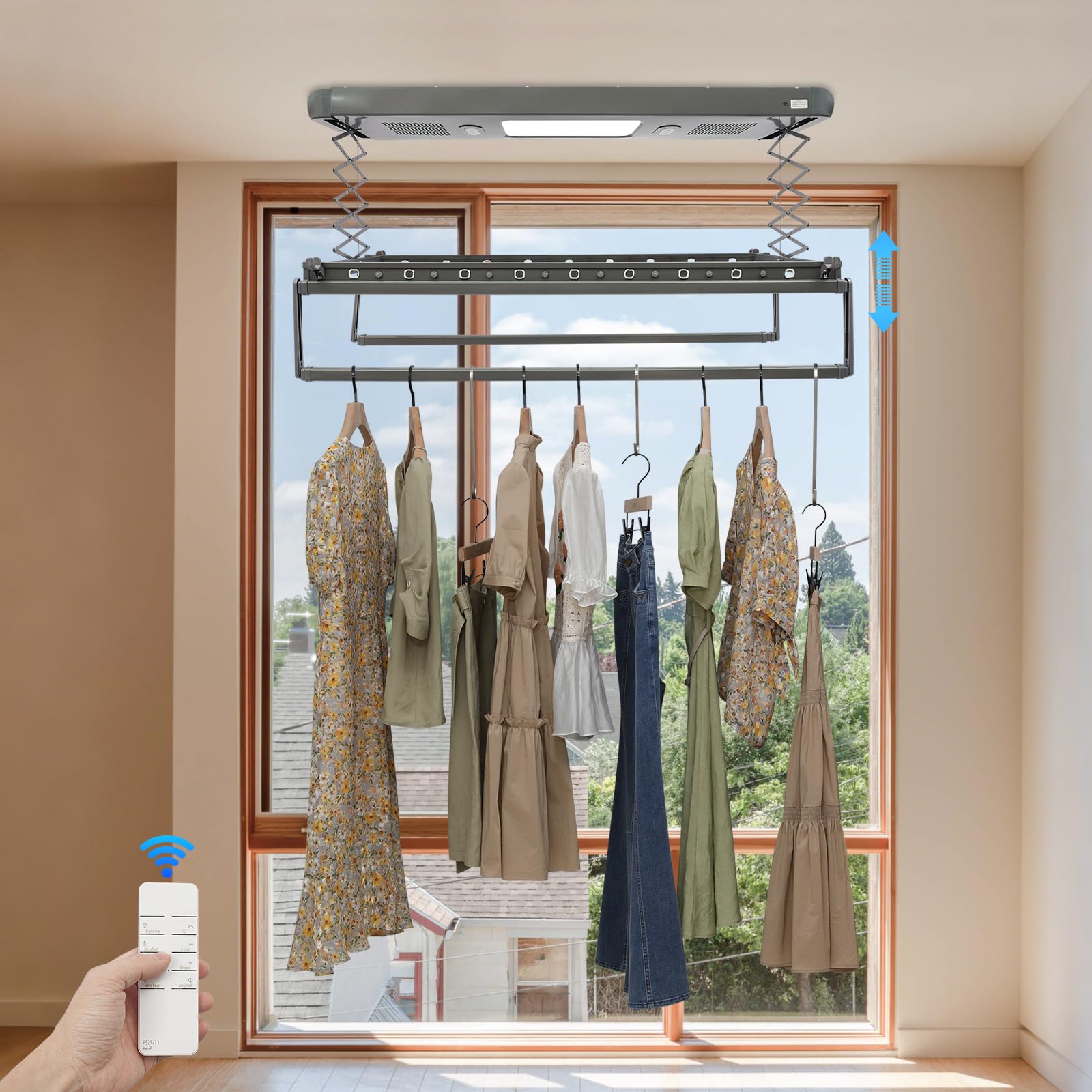 Elektrischer Wäscheständer Decke für Wand und Decke mit Fernbedienung, ausziehbar, aus Aluminium und Stahl, 35KG Tragfähigkeit (Grau)