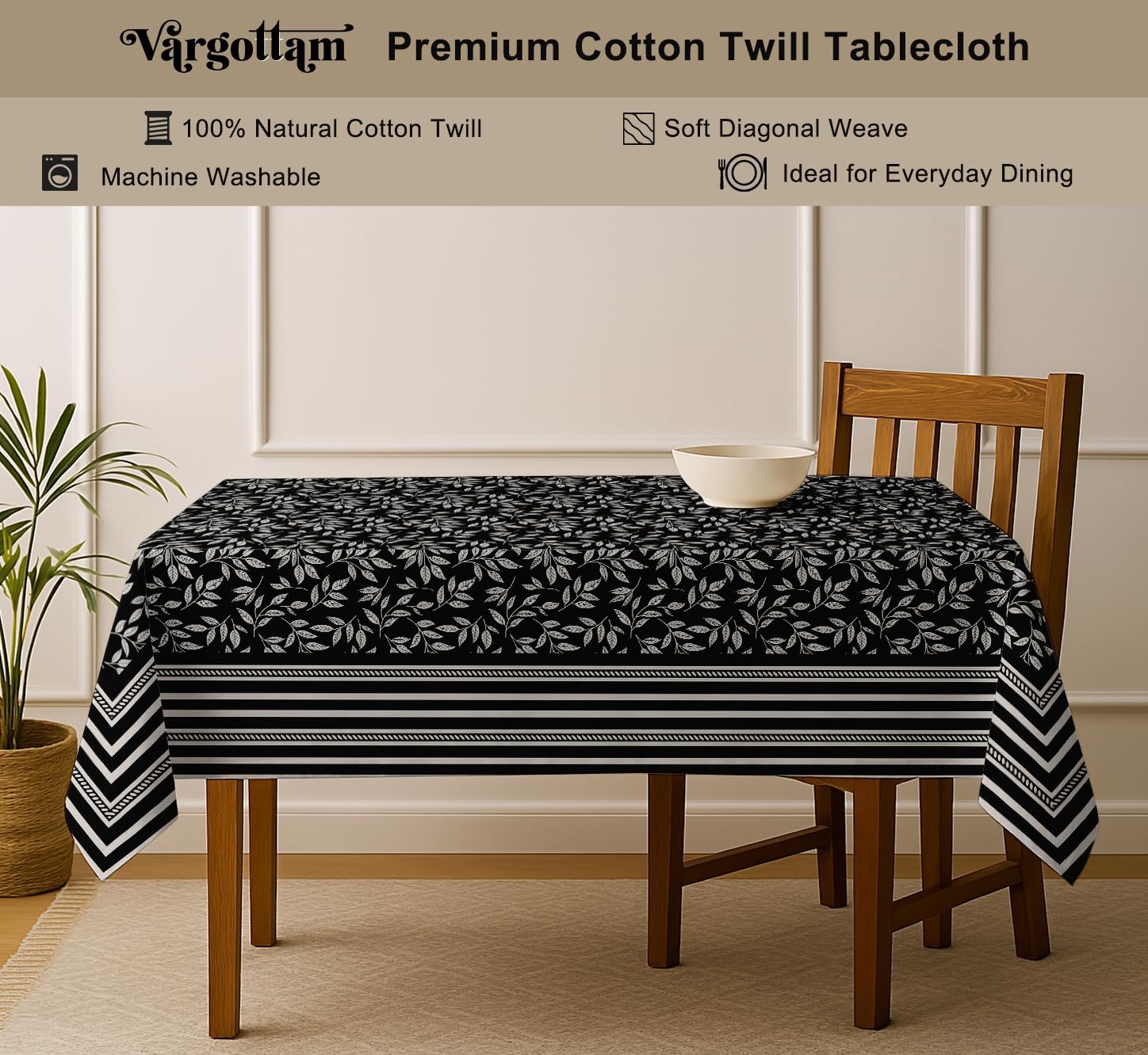 Leaves Design Tablecloth- Black 60x60 Inch Cotton Twill Dining Table Cover, Perfect for 4 Seater Tables, Durable, Protective & Washable, Ideal for Everyday Use, Festive Occasions & Gathering