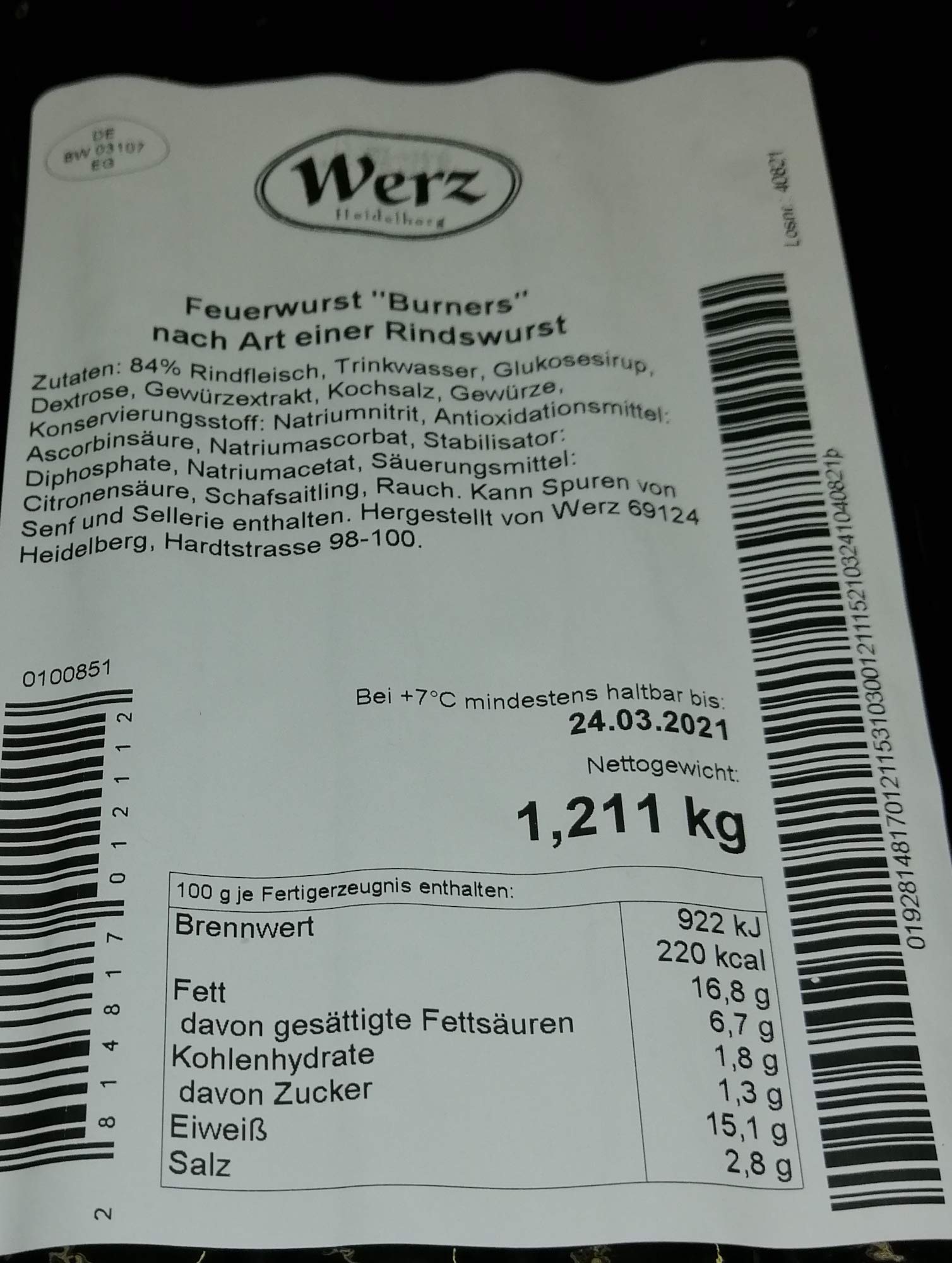 Metzgerei Werz - Burners Feuerwurst - Brat-Grillwurst ca 1,20 kg