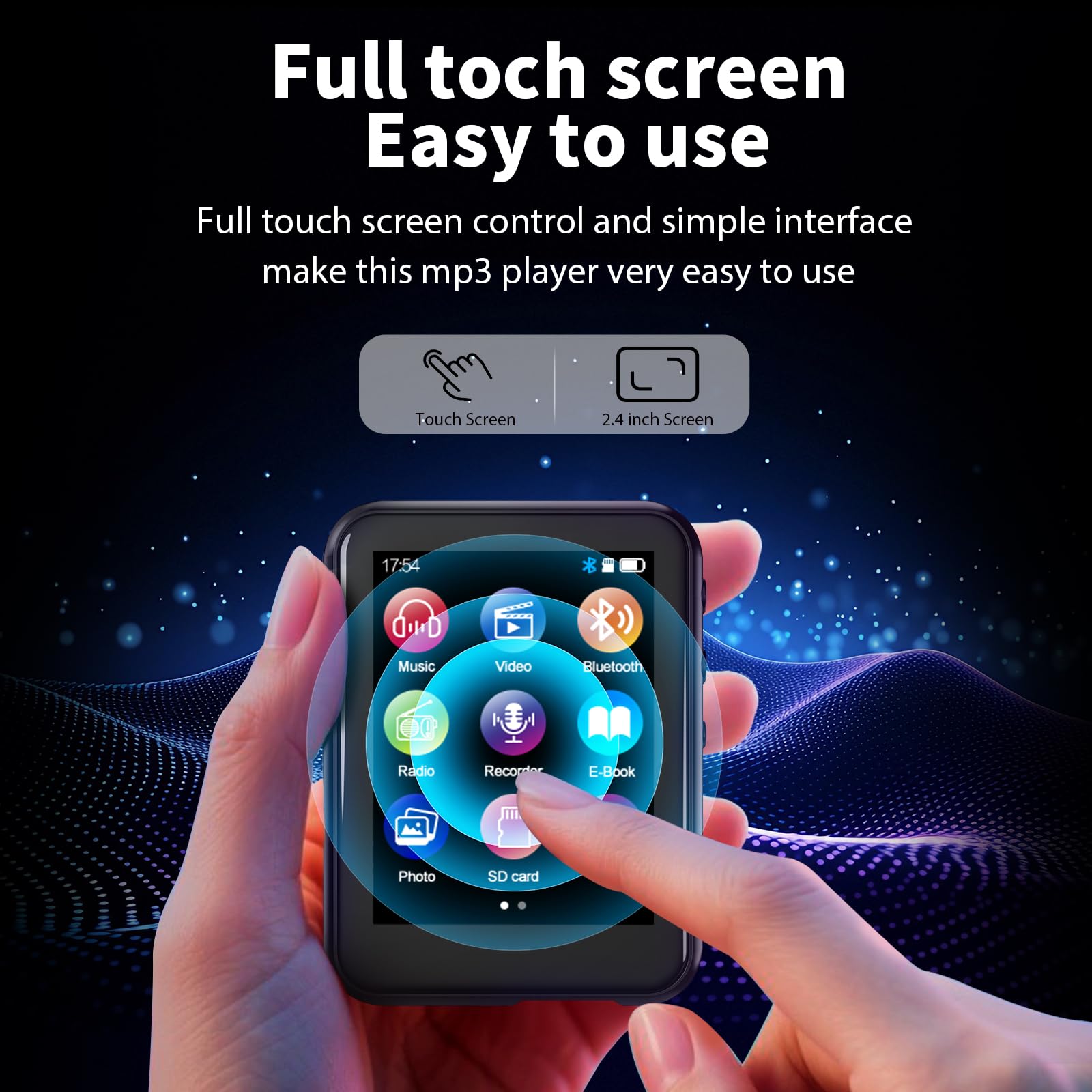 48GB MP3 Player with Bluetooth 5.3, 2.4 inch Full Touchscreen Music MP3 for Kids, FM Radio, Voice Recorder, HiFi Sound, E-Book, Earphones Included: Black 16GB