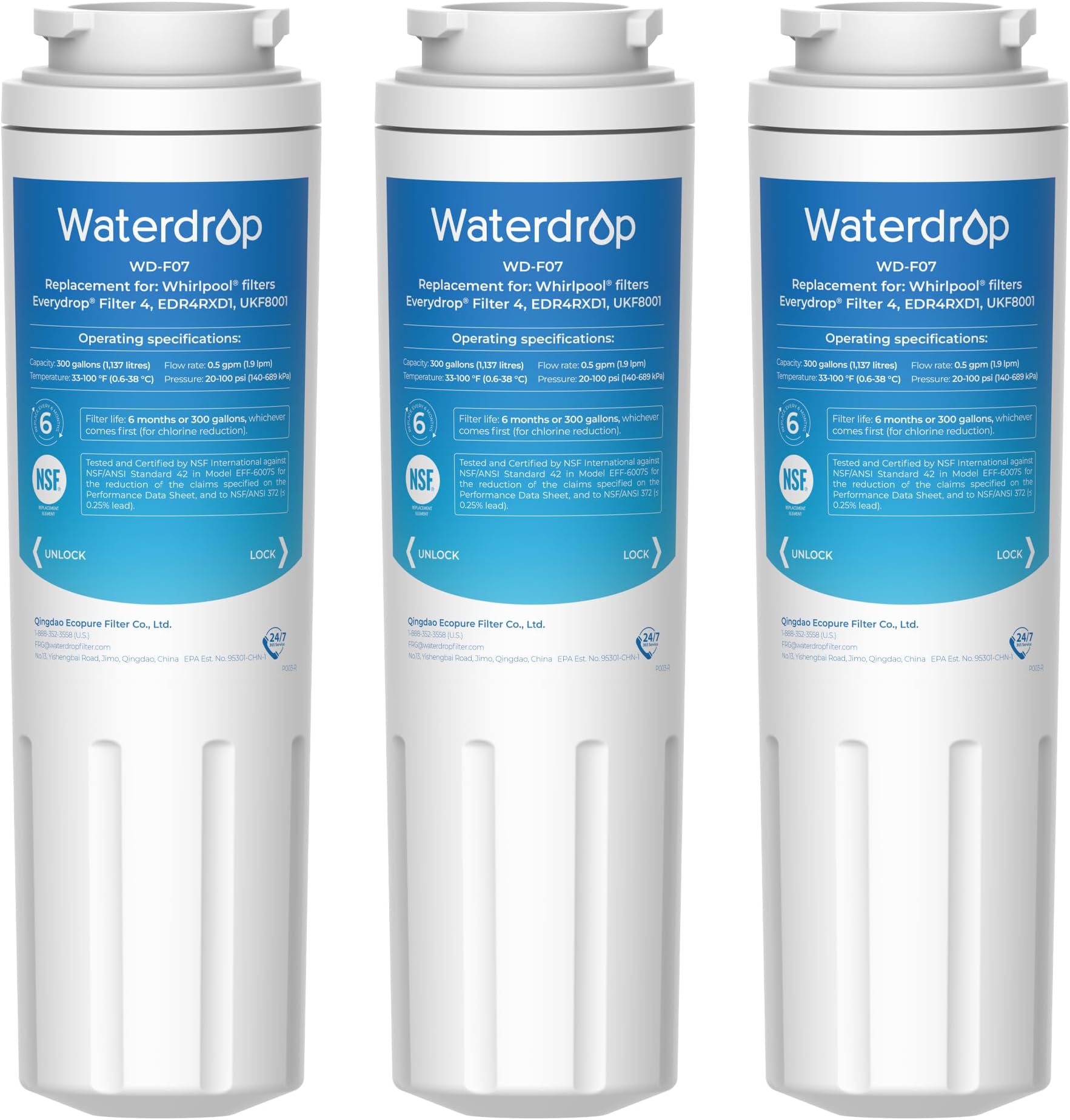 UKF8001 Refrigerator Water Filter 4, Compatible with Whirlpool EDR4RXD1, EveryDrop Filter 4, Maytag UKF8001AXX-750, UKF8001AXX-200, 46-9006, Puriclean II, WD-F07, 3 Filters