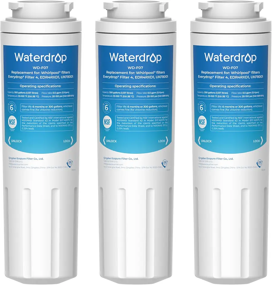 Waterdrop UKF8001 Refrigerator Water Filter 4, Replacement for Whirlpool® EDR4RXD1, EveryDrop® Filter 4, Maytag® UKF8001AXX-750, UKF8001AXX-200, 46-9006, Puriclean II, WD-F07, 3 Filters