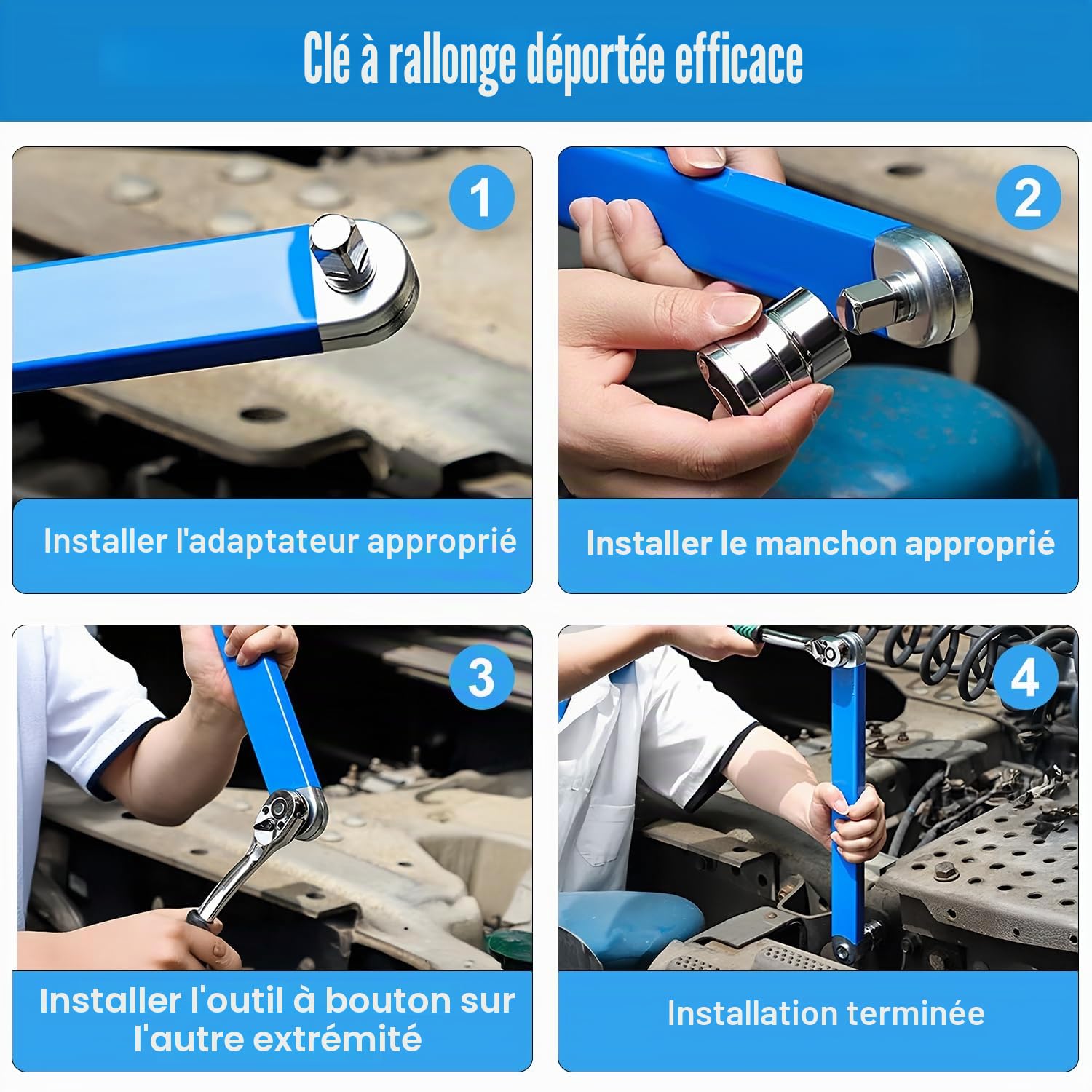 Rallonge Cliquet Professionnelle, Jeu de Clés avec 5 Adaptateurs D'entraînement 1/2", 1/4" et 3/8", Clé D'extension Coudée, pour Clé Universelle Allongée