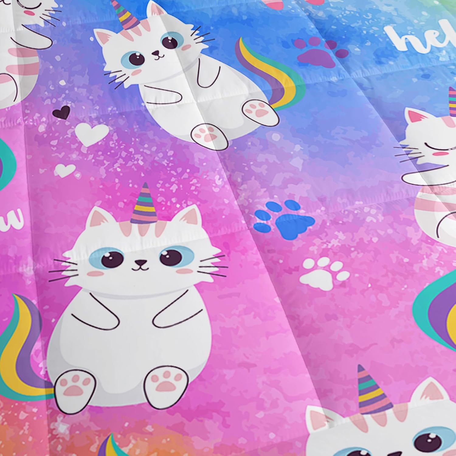 Axolotl Rainbow Cat Twin Mattress Pad Cover Quilted Fitted with Deep Pocket,Unicorn Cat Mattress Topper Stretches Up to 16",Colorful Mattress Protector for Girls Teens,1 Mattress Pad 2 Pillowcases