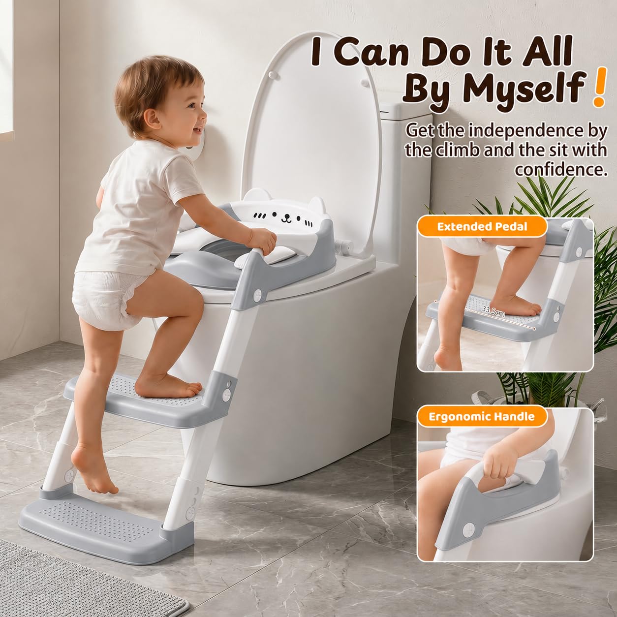 Reducteur Toilette Enfant - Rehausseur Toilette Enfant - Pédale Élargie Et Antidérapante | Facile À Monter Et Ranger | Hauteur Réglable | Anti-Éclaboussures | Poignée, Gris
