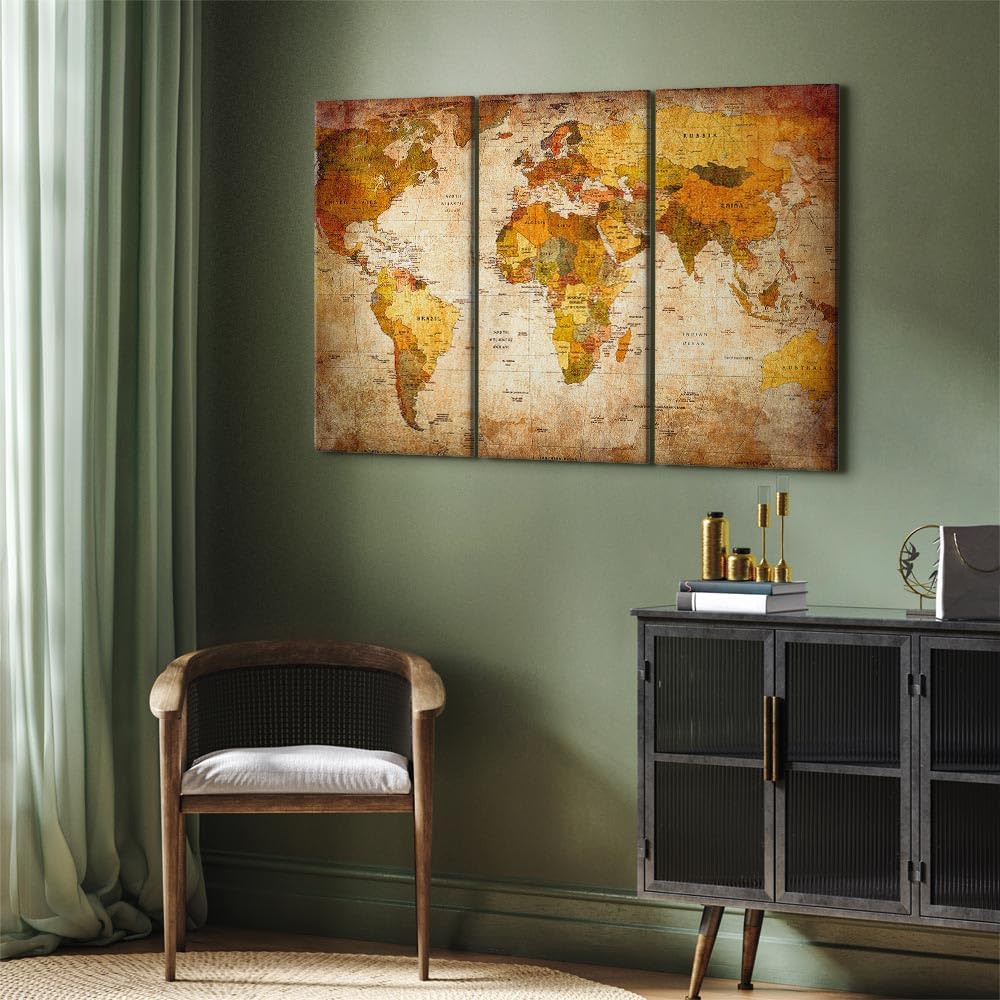 B&D XL - Quadro Acustico Mappamondo 135x90 cm 3 Pezzi schiuma acustica Quadri Moderni - Stampa su Tela - Protezione dai Rumori Fonoassorbente Mappa del Mondo Marrone Vintage Beige 020213-2