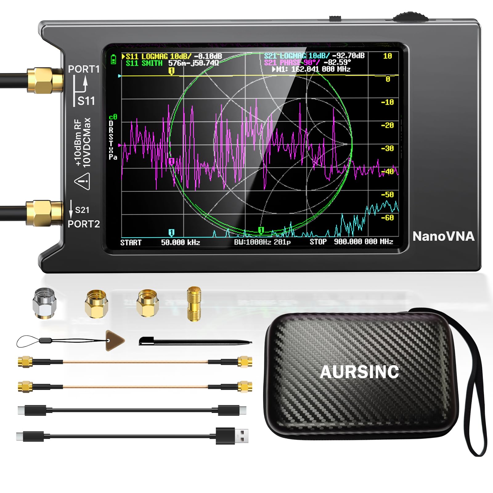 AURSINC NanoVNA H4 Vector Network Analyzer, Lastest V4.4 9kHz-1.5GHz 4" Antenna Analyzer, with EVA Hard Shell Protective Storage Bag for Antenna Analyzer, Shockproof, Waterproof, with Carry Strap