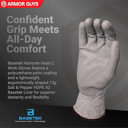 Miniatura 5 de Armor Guys Hammer Head 2 Basetek - Guantes de trabajo resistentes  ANSI A2 resistentes a los cortes, revestimiento de poliuretano para un agarre