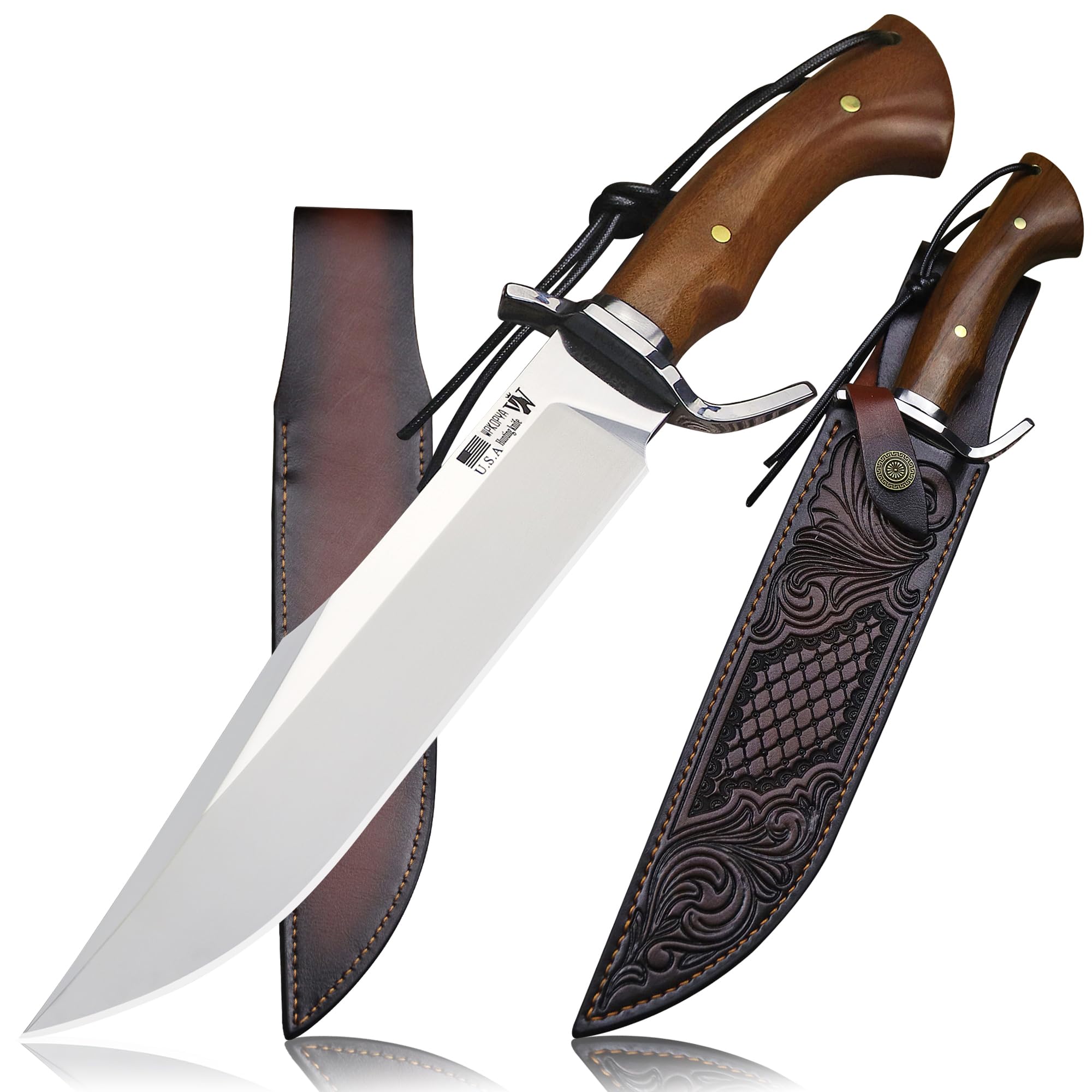 WPKOPYA Bowie Knife (Mirror Light) 16” 9Cr18MoV Steel, 5mm Thick Blade with Rosewood Handle, Copper Rivets and Premium Leather Sheath – Outdoor