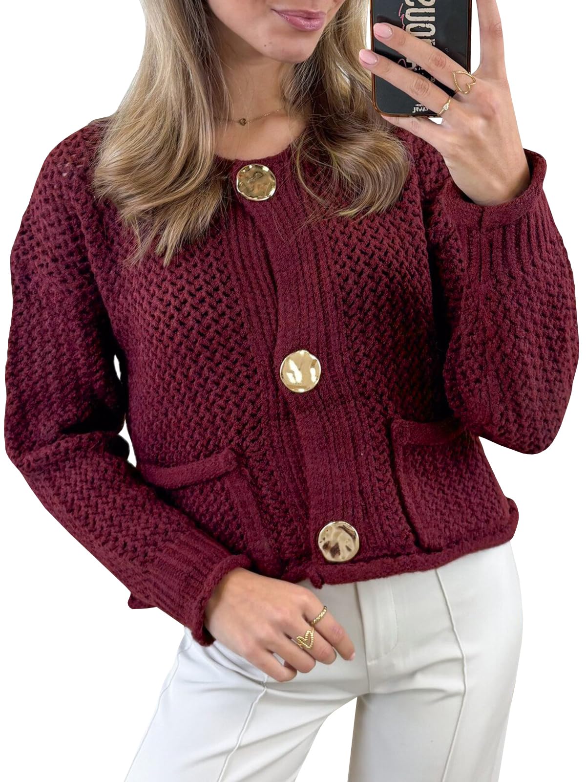 Cardigan Sweaters for Women Cropped Long Sleeve Button Down Fall Sweater Chunky Knit Tops with Pockets