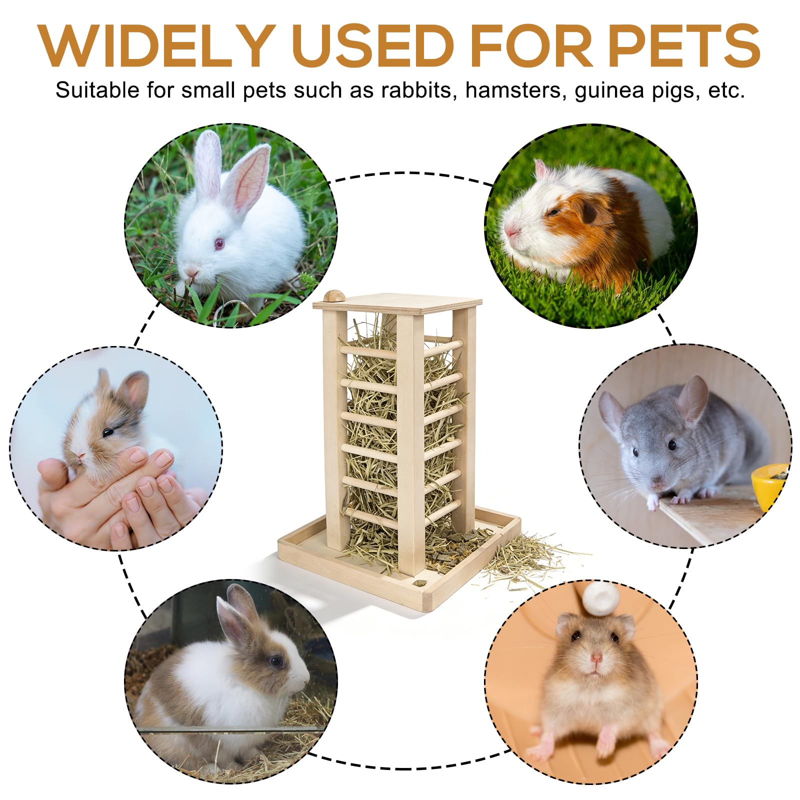 Comedero para conejos, comederos de heno, 36,5 x 24,5 x 16,5 cm, comedero de madera para mascotas pequeñas, conejos, chinchilla, soporte estable en forma de cubo