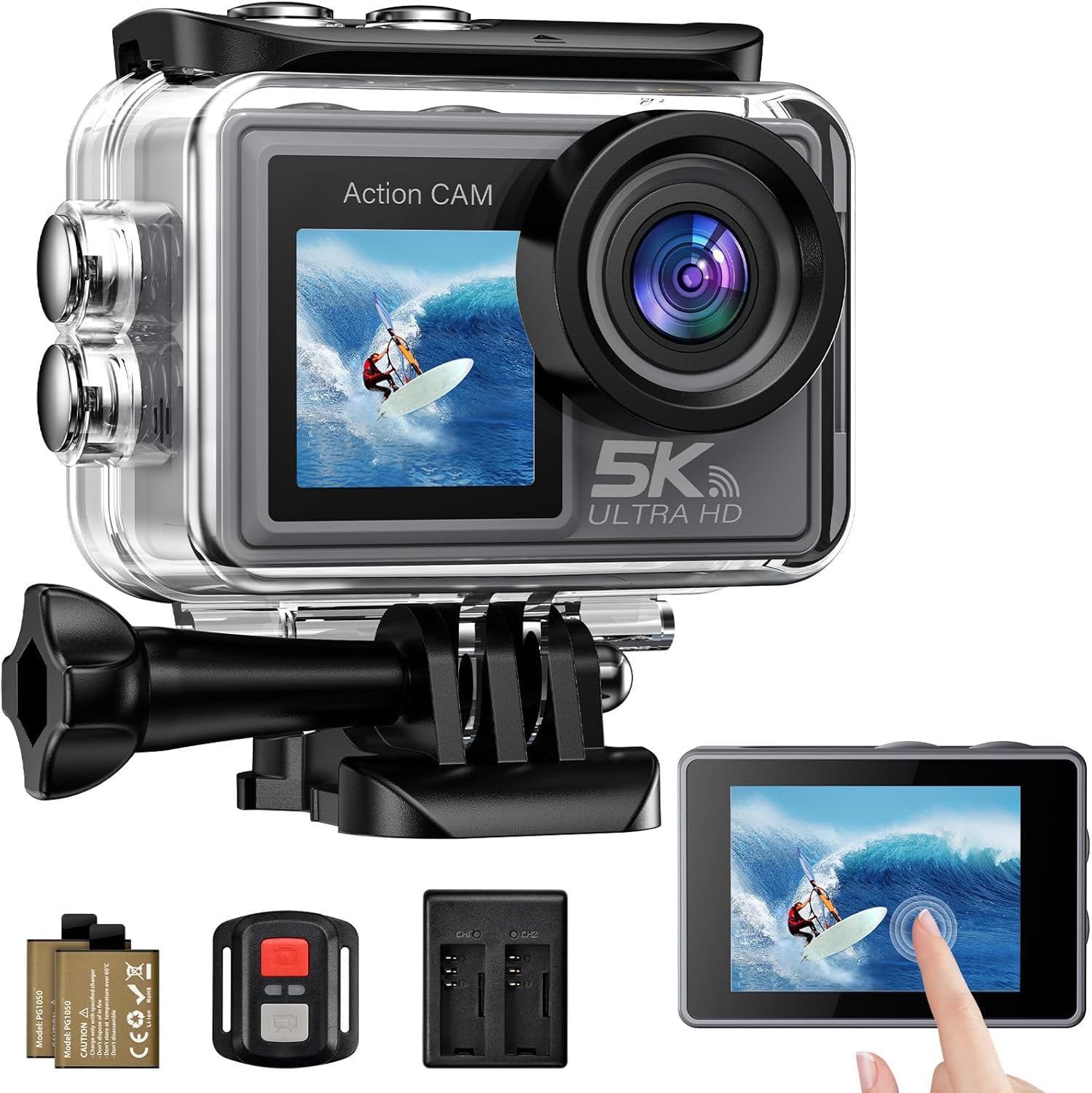 Caméra Sport 5K/4K, 50MP Caméra d'action avec 64GB Carte, 30M/98FT Camera Étanche- Stabilisation EIS, Grand Angle 170°, WiFi Camera Casque Moto, Appareil Photo Étanche pour Plongée, Vlog, Vélo