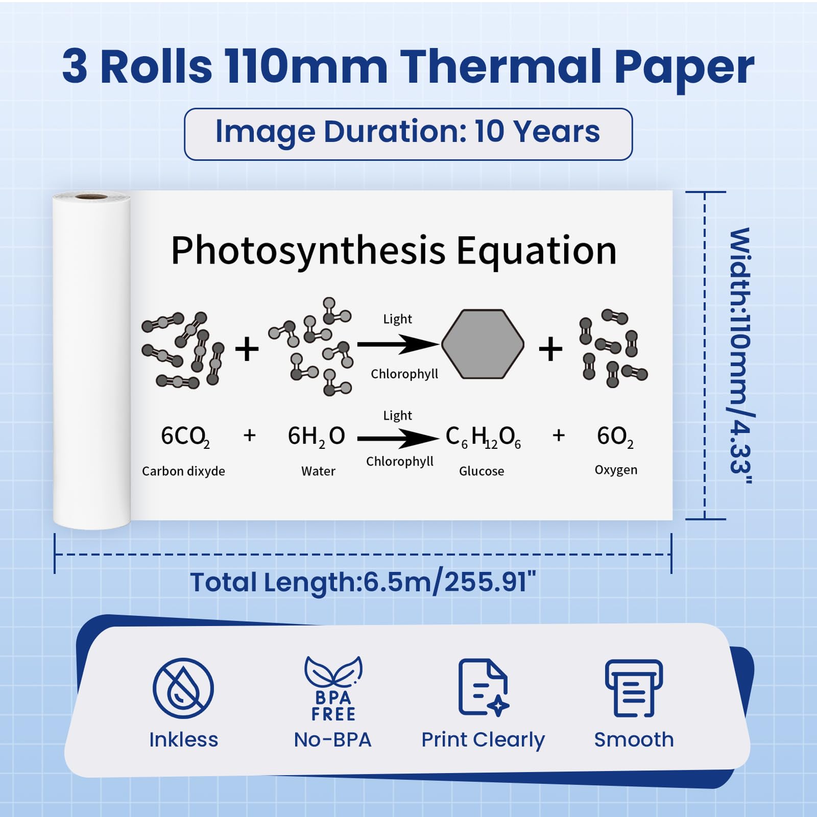 3 rotoli di carta termica da 110 mm, compatibile con stampanti portatili A285M A282M A281M M835 M834 M832, rotoli di carta termica bianca per appunti di studio, lista delle cose da fare, foto, 11 x