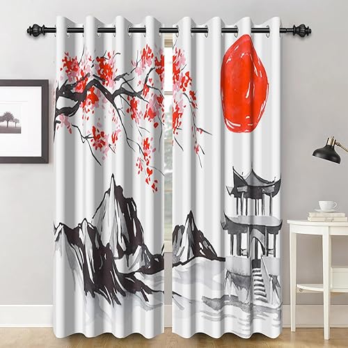 Baocicco Cortinas opacas japonesas con estampado de flores de cerezo, cortinas de ventana con ojales, árbol de Sakura, paisaje natural, cortina de
