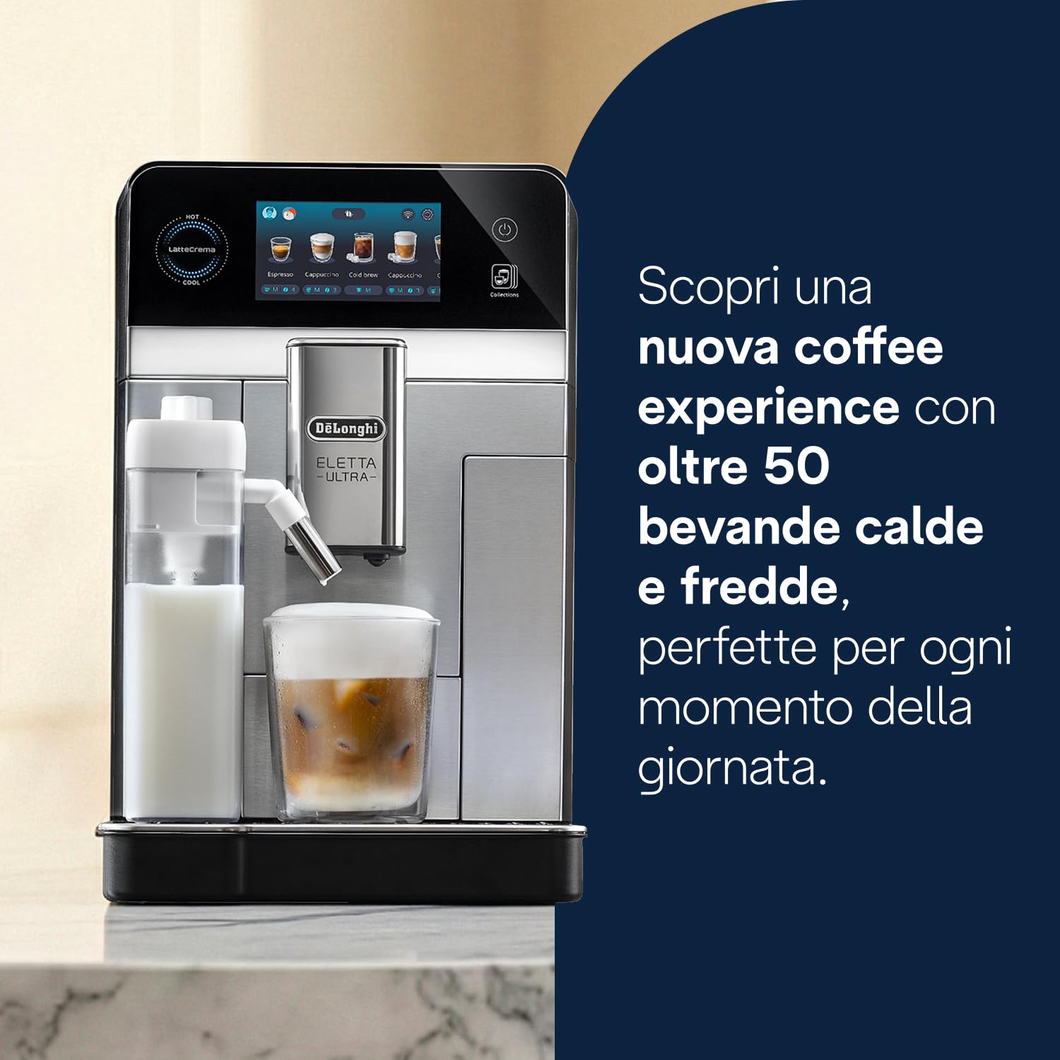 De’Longhi Eletta Ultra – Perfetto Macchina da Caffè Automatica, LatteCrema Montalatte Automatico, 50+ Bevande Calde e Fredde, Silent Technology, Display Touch a Colori, Metallo (ECAM472.85.MB)