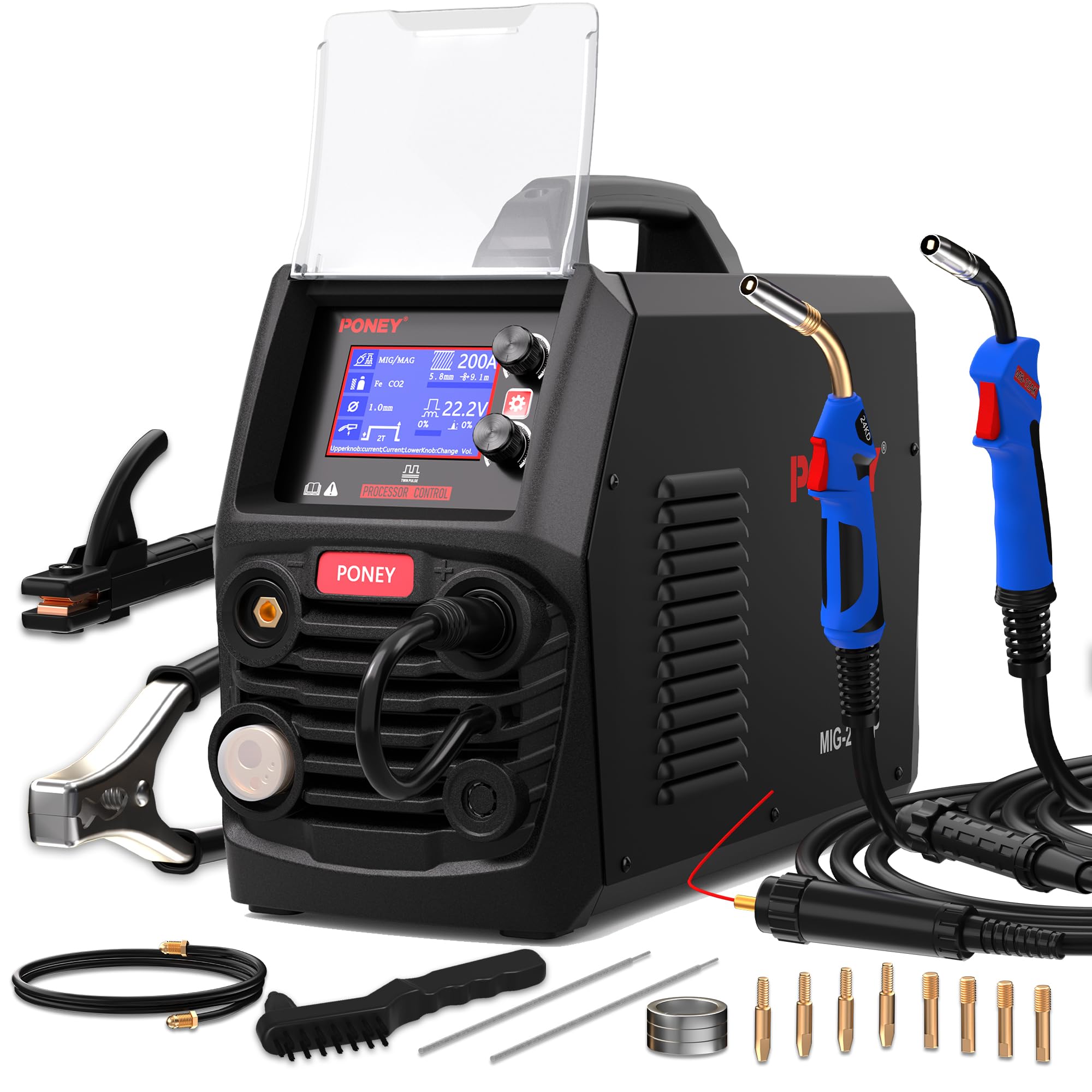 PONEY 200Amp Double Pulse MIG Aluminum Welder 9 in 1 MIG/MAG/FLUX/MIG Synergy/Single Pulse MIG/Double Pulse MIG/TIG LIFT/Spot Welding/MMA 220V Multi