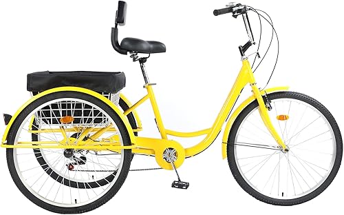 Triciclo para adultos de 26 pulgadas, bicicleta de 7 velocidades y 3 ruedas para mujeres, hombres y personas mayores, triciclo de crucero con cesta