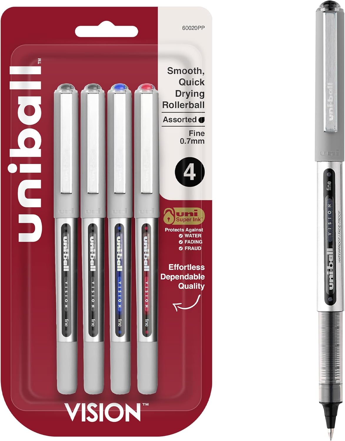 uniball™ Vision Rollerball Pens, Fine Point (0.7mm), Assorted Colors, 4 Pack