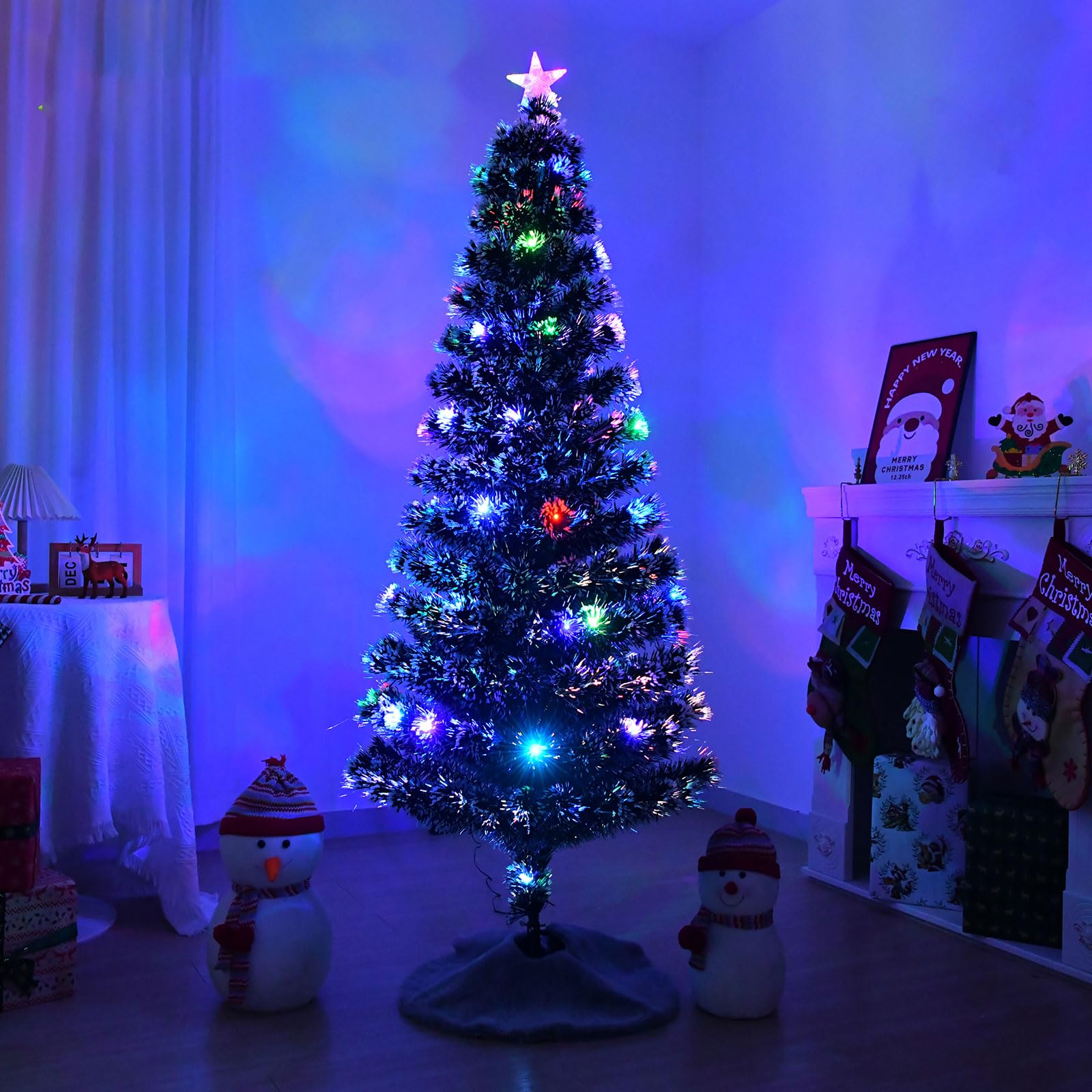 5ft Fiber Optic Artificial Christmas Tree, Pre-Lit Xmas Tree with Colorful LED Lights, 8 Lighting Modes, 170 Branch Tips, Foldable Metal Base, Dark Green Premium Christmas Tree with White Edge