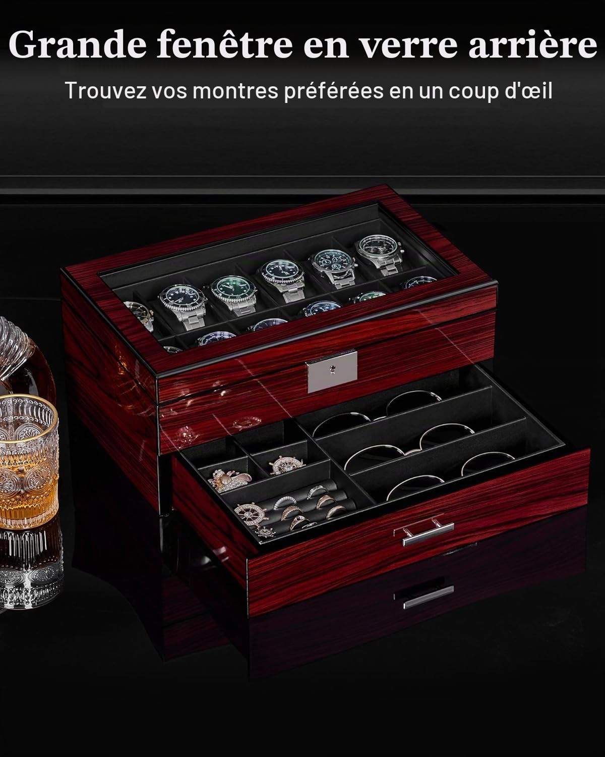 ANWBROAD Boîte à montres à 12 emplacements pour homme avec grand couvercle en verre à 2 niveaux - Organiseur de montre verrouillable - Support de montre luxueux JWB003Y